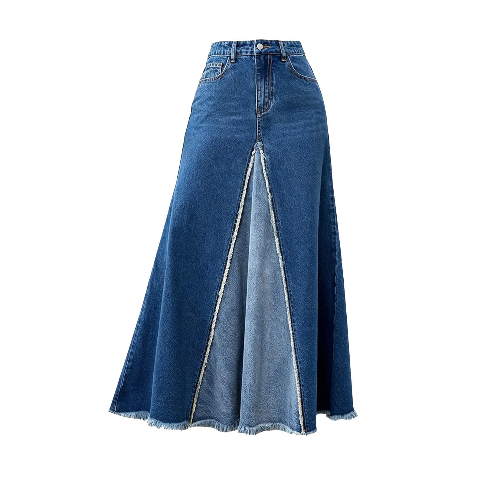 Gonna Patchwork in Denim con Frange, Lunga Moderna Casual per Tutti i Giorni 2026
