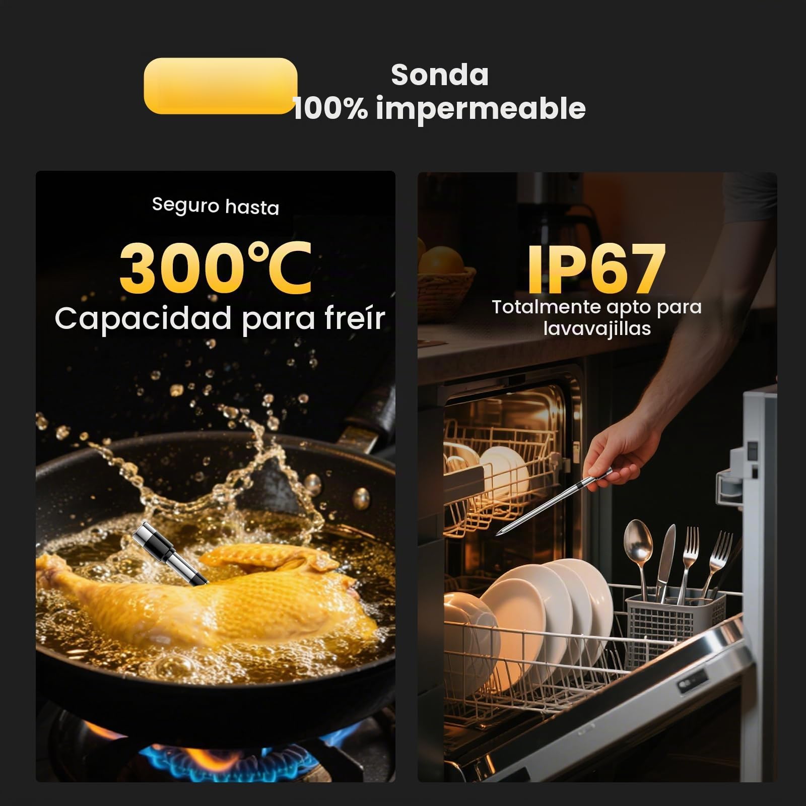 Termometro Cocina, 243M Bluetooth Termometro Digital Cocina Inalámbrico con Aplicación, IP67 a Prueba de Agua Meat Thermometer Con pantalla LCD, Función de Alarma, Ideal para Parrilla, Horno, BBQ