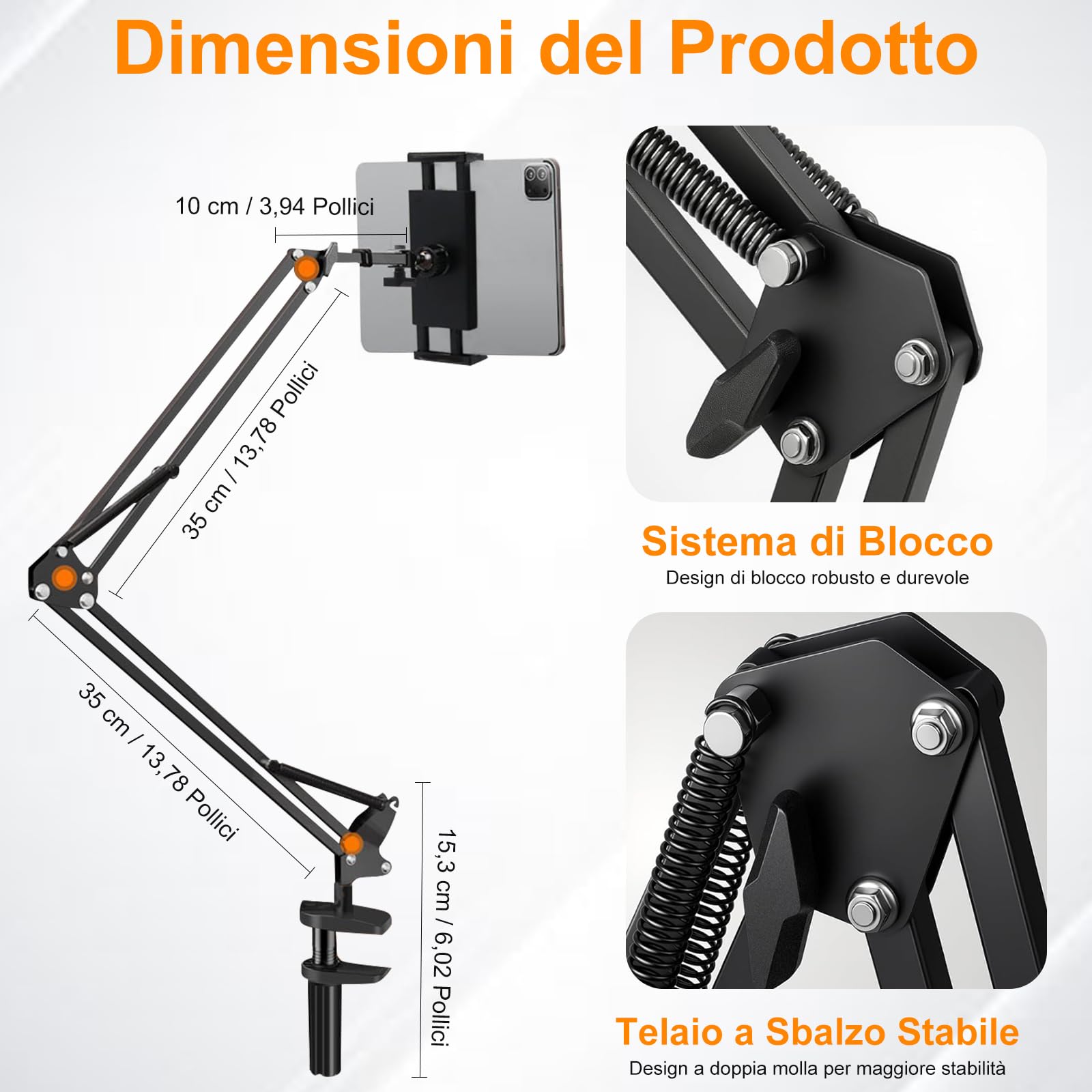 Supporto Tablet, Porta Tablet da Letto Rotazione a 360°,Adatto per Telefoni Cellulari o Tablet da 4,7-13 Pollici, Adatto per il Fissaggio su Superfici Piane con uno Spessore Massimo di 6,5 cm
