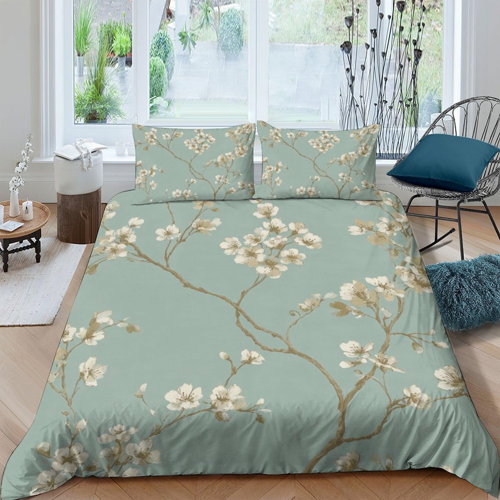 GPLZQXKJNH 3D Printed Blossom Branch Duvet Cover Microfiber Soft Breathable Floral Bedding Set with 2 Pillowcases for Bedroom Decor Single（135x200cm）