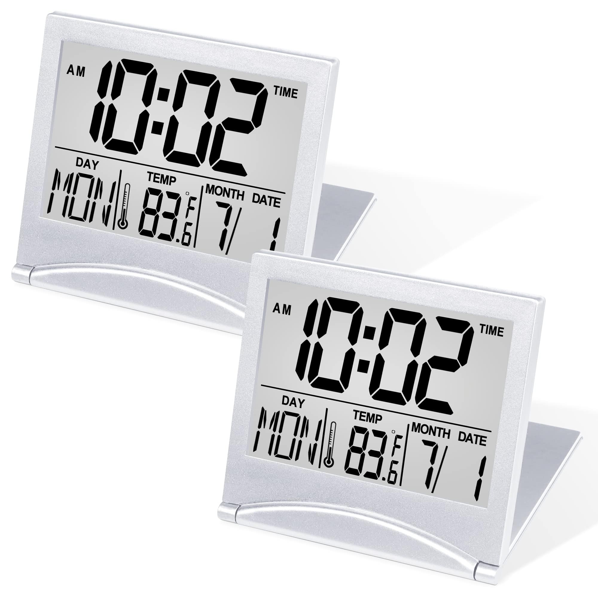Excefore Digital Travel Alarm Clock, 2 Pcs Foldable Calendar Temperature Timer LCD Clock with Snooze Mode, Large Number Display, Battery Operated, Compact Desk Clock for All Ages (Silver)