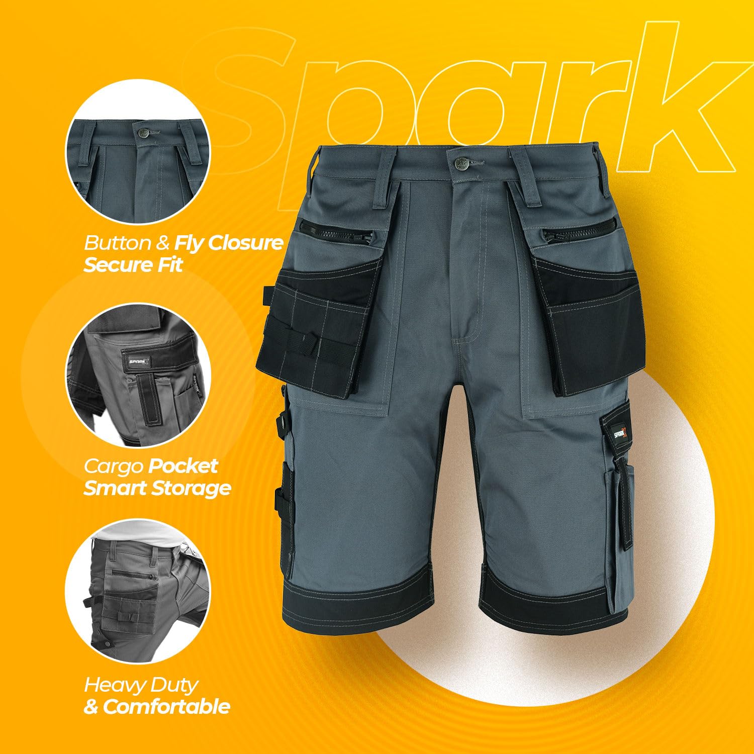 SparkX - Pantalones cortos de trabajo para hombre, ropa de trabajo resistente, con múltiples bolsillos, utilidad y seguridad, pantalones cortos de verano de combate - triple costura, transpirables y