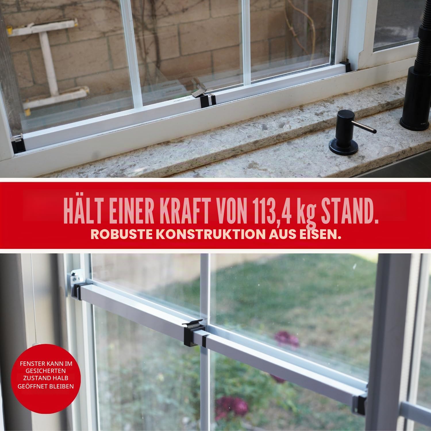 SecurityMan Fenster-Sicherheitsstange – einfache Installation für horizontale/vertikale Fenster – verstellbare Fenstersicherung (kindersicheres/robustes Eisen) – ausziehbar (36,2 cm bis 94 cm)