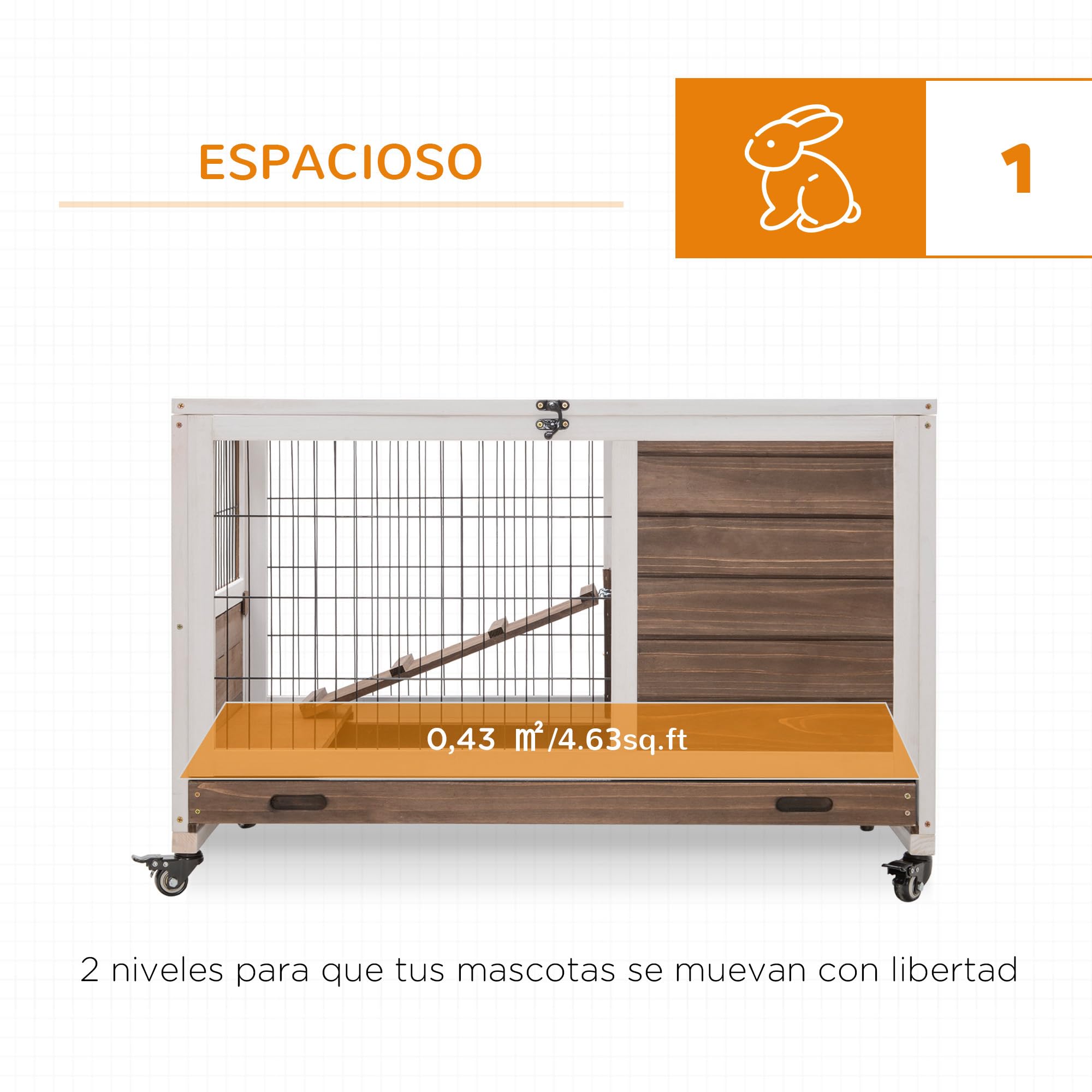 PawHut Jaula para Conejos de Madera Conejera para Mascotas Pequeñas Portátil Interior con Techo Abrible Rampa Bandeja Extraíble para Conejillos de Indias 90x53x59 cm Marrón