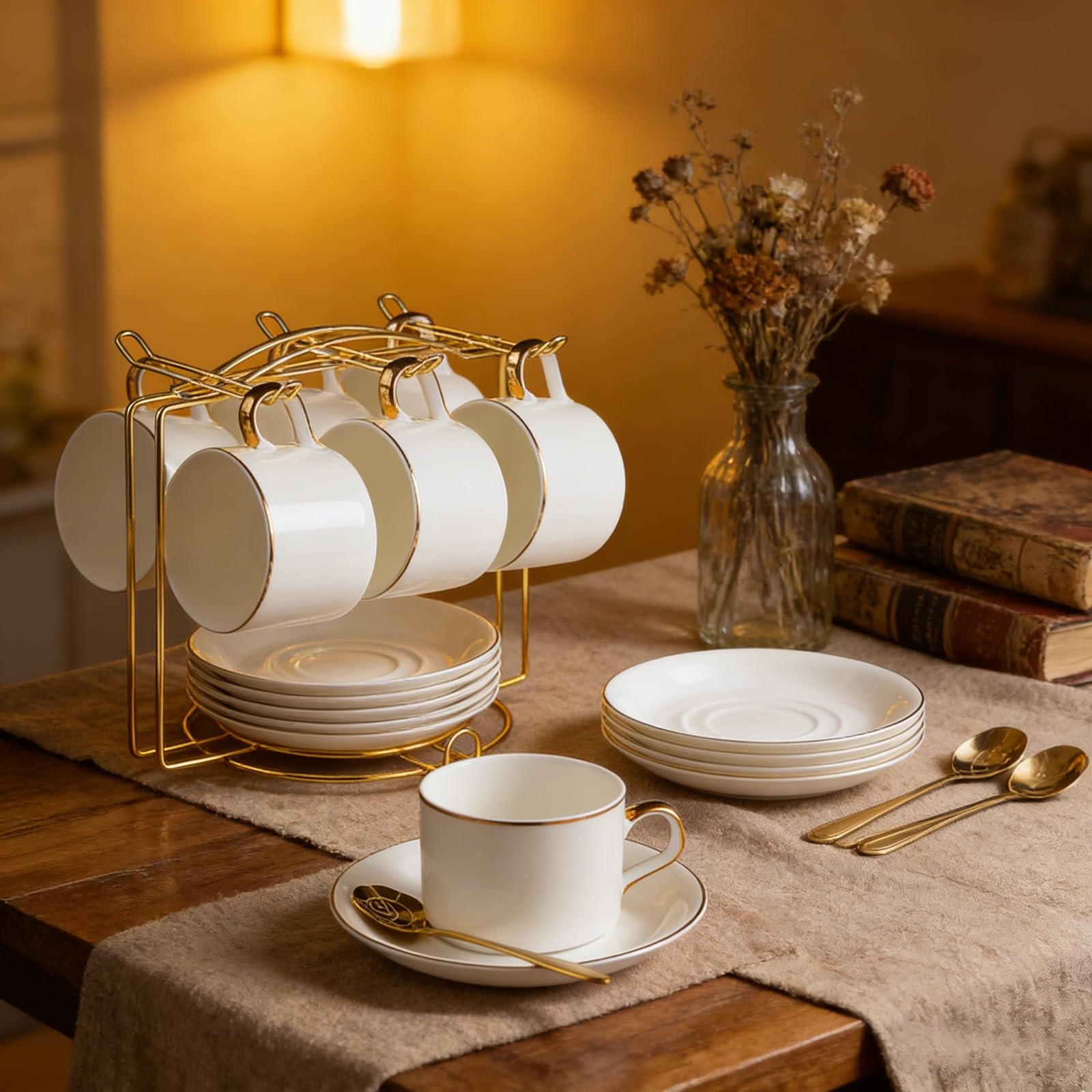 Porcelanowy zestaw 6 filiżanek i spodków do herbaty w kwiaty | Wielokolorowy do podwieczorku: porcelanowy zestaw filiżanek i spodków w kwiaty, 6 szt. 150 ml(Blue)