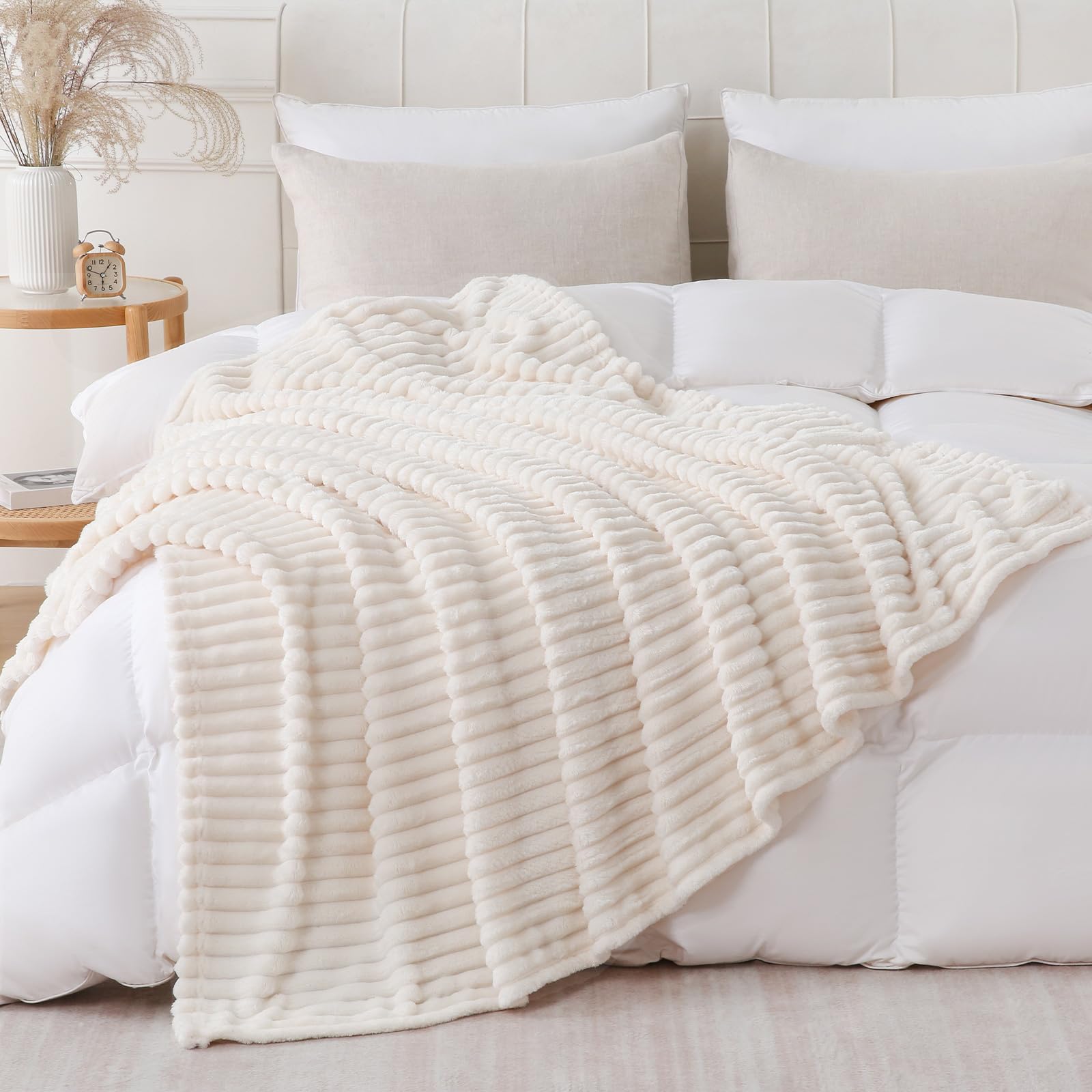 YIICKO Cream White Throw Blanket for Couch Sofa 60x80 inches Striped Fleece Blankets Room Home Decor Lightweight Plush Soft Cozy Gifts for Women Mom