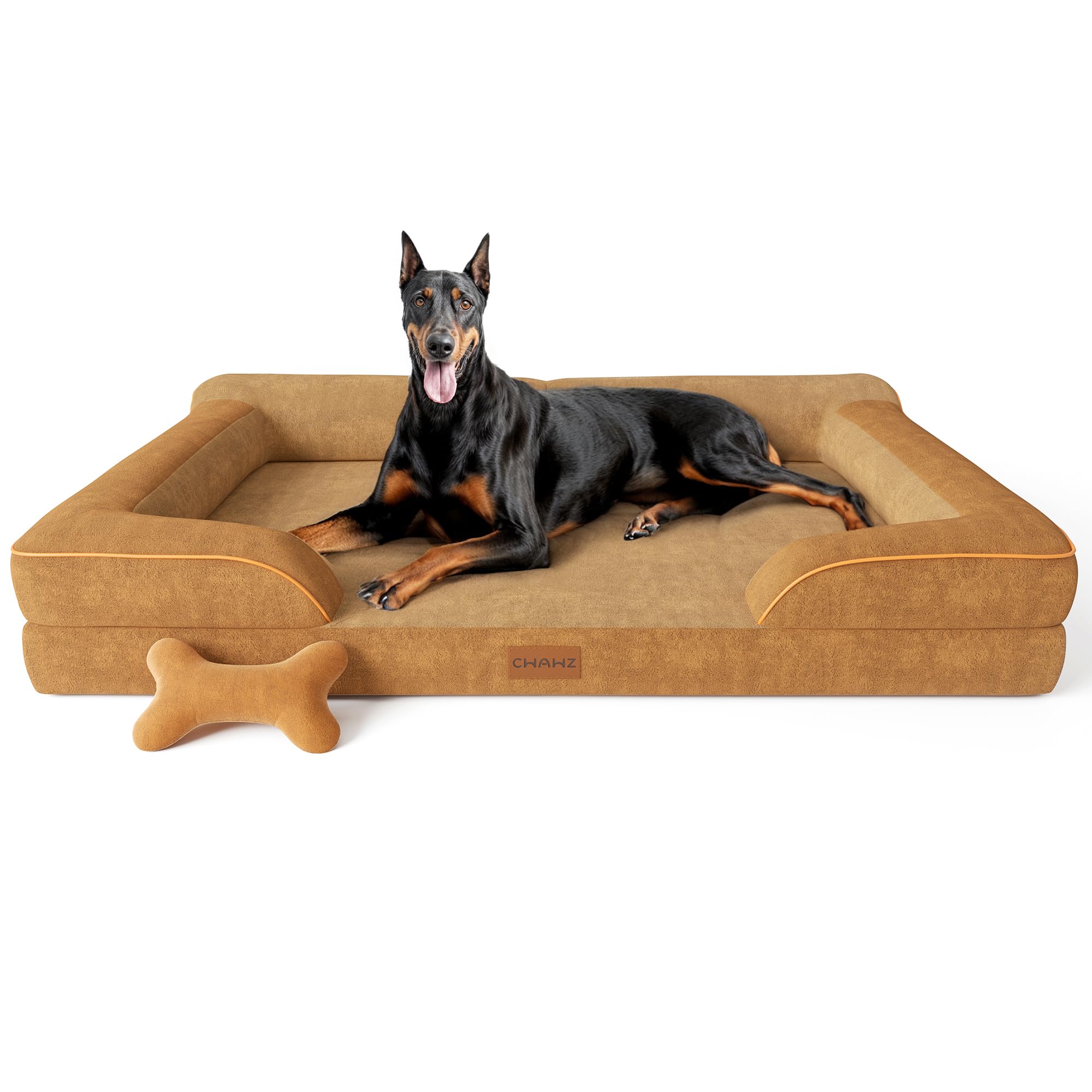 XXL Dog Bed for Extra Large Dogs, Giant Orthopedic Dog Bed with Cooling Gel Memory Foam, Waterproof Pet Bed with Removable Washable Cover, 53" Pet Sofa Bed Dutch Velvet with Bone Toy, Brown