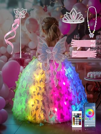 Princess Costume for Girls, Colorful Light Up Toddler Dress with Accessories kit for 3-9 Girls, handle & App Control