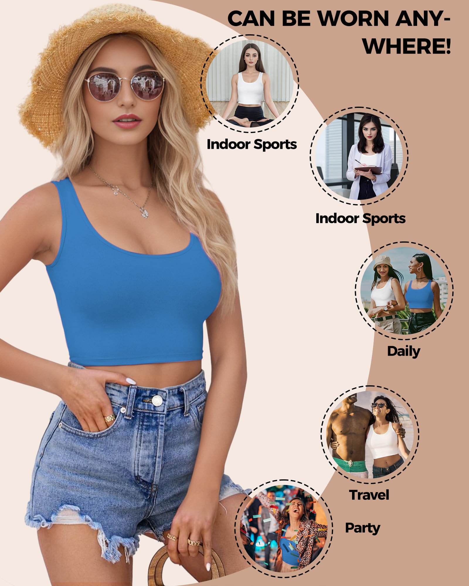 2-3 canottiere da donna, crop top senza maniche con scollo a U, crop top basic corto racerback per uscire magliette sportive atletiche, Bianco+blu navy, L