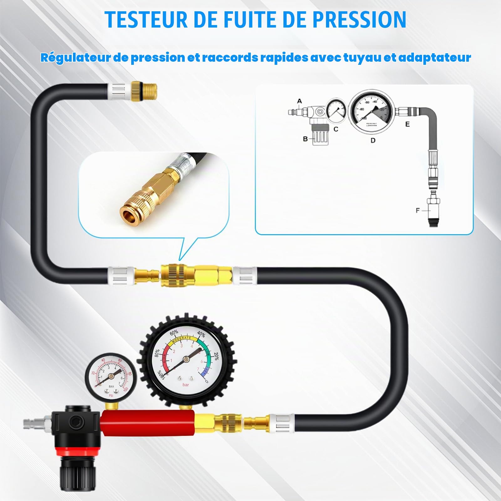 D-Lumina Testeur de Compression Professionnel 46 Pièces, Testeur de Fuite de Pression de Moteur Diesel et Essence avec Adaptateur pour la Plupart des Moteurs de Voiture, Camion, Agricoles et Marins.