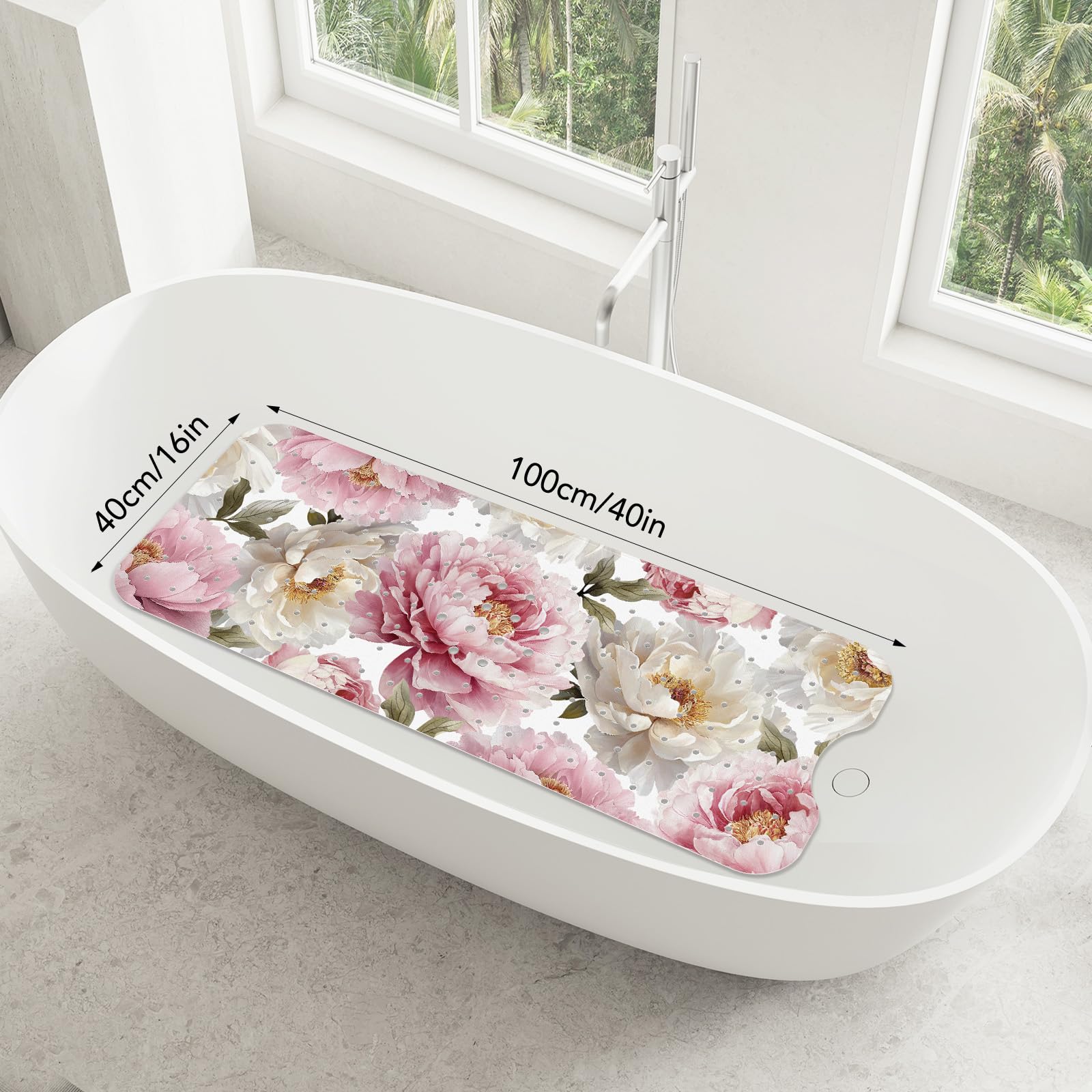SHUCHING Tappetino Vasca Antiscivolo, Tappetino Doccia Antiscivolo Lungo 100x40cm, Tappeto Vasca da Bagno Antimuffa e Lavabile in Lavatrice, Peonie Vintage