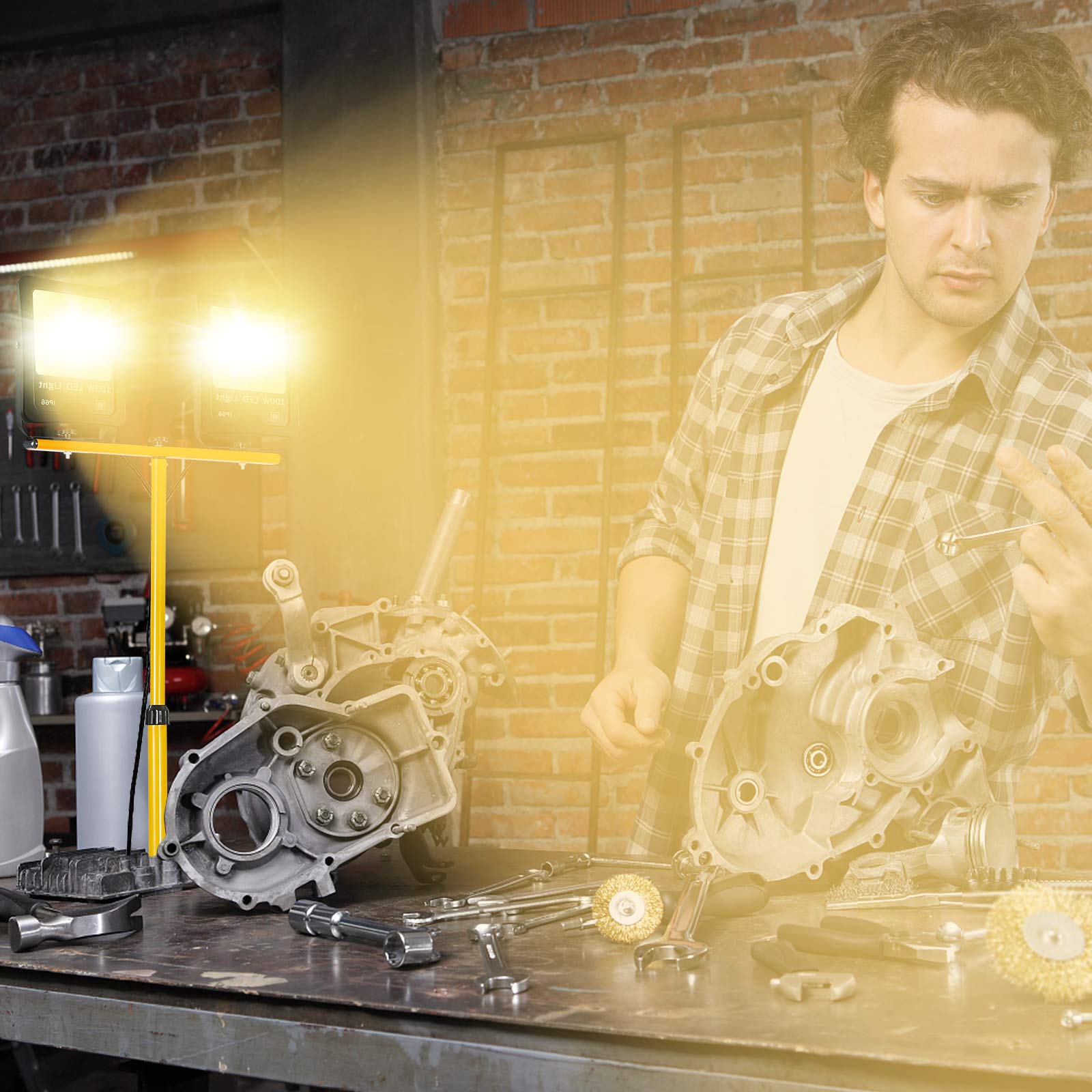 FIVMEN - Faretto LED da 2x100W, 8500 lm, con treppiede regolabile e cavo da 3 m, impermeabile IP66, per officina, cantiere, garage, luce bianca calda