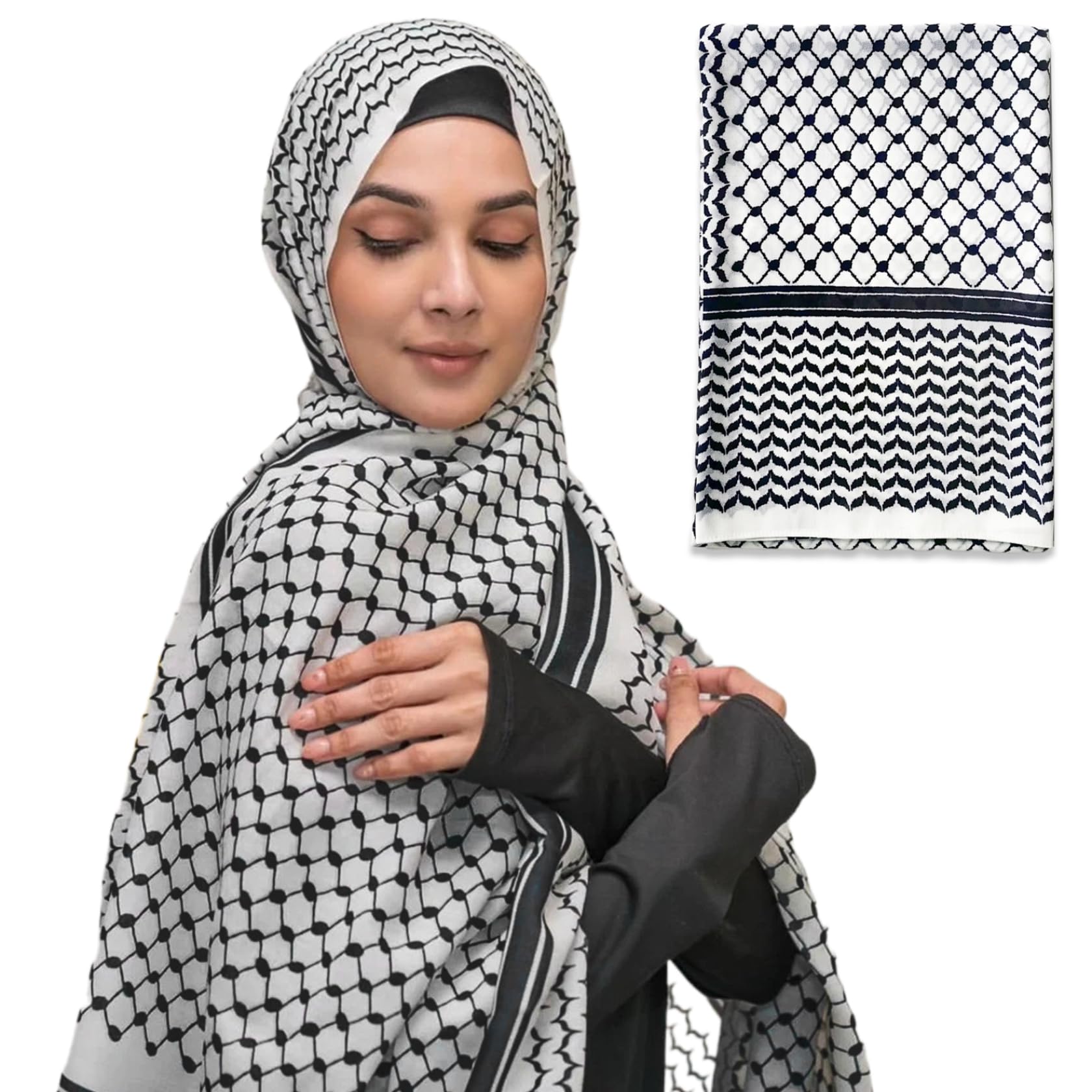 Cakeeyum Women's 1Pc Palestine Scarf 28X71in Chiffon Keffiyeh Classic Black And White Plaid Palestinian Scarf With Fine Edging For & Men Long Printed Arab For Daily Wearing