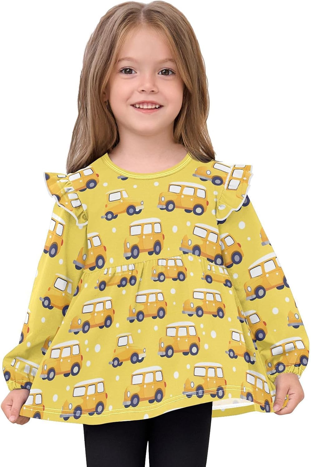 visesunny Toddler Clothes for Girls Yellow Car Polka Dots Long Sleeve Fall Shirts Cotton Top with Ruffle Collar