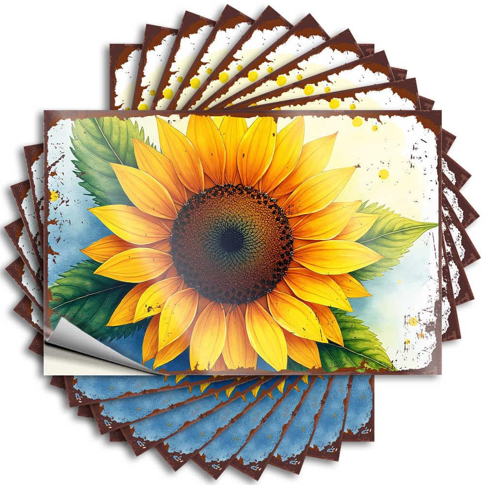 Fzfn Colour Happy Sticker, Cocoa Water Vibrant Sunflower With Green Leaves On Rustic Background | Funny Quote Indoor Decals(8X12cm)