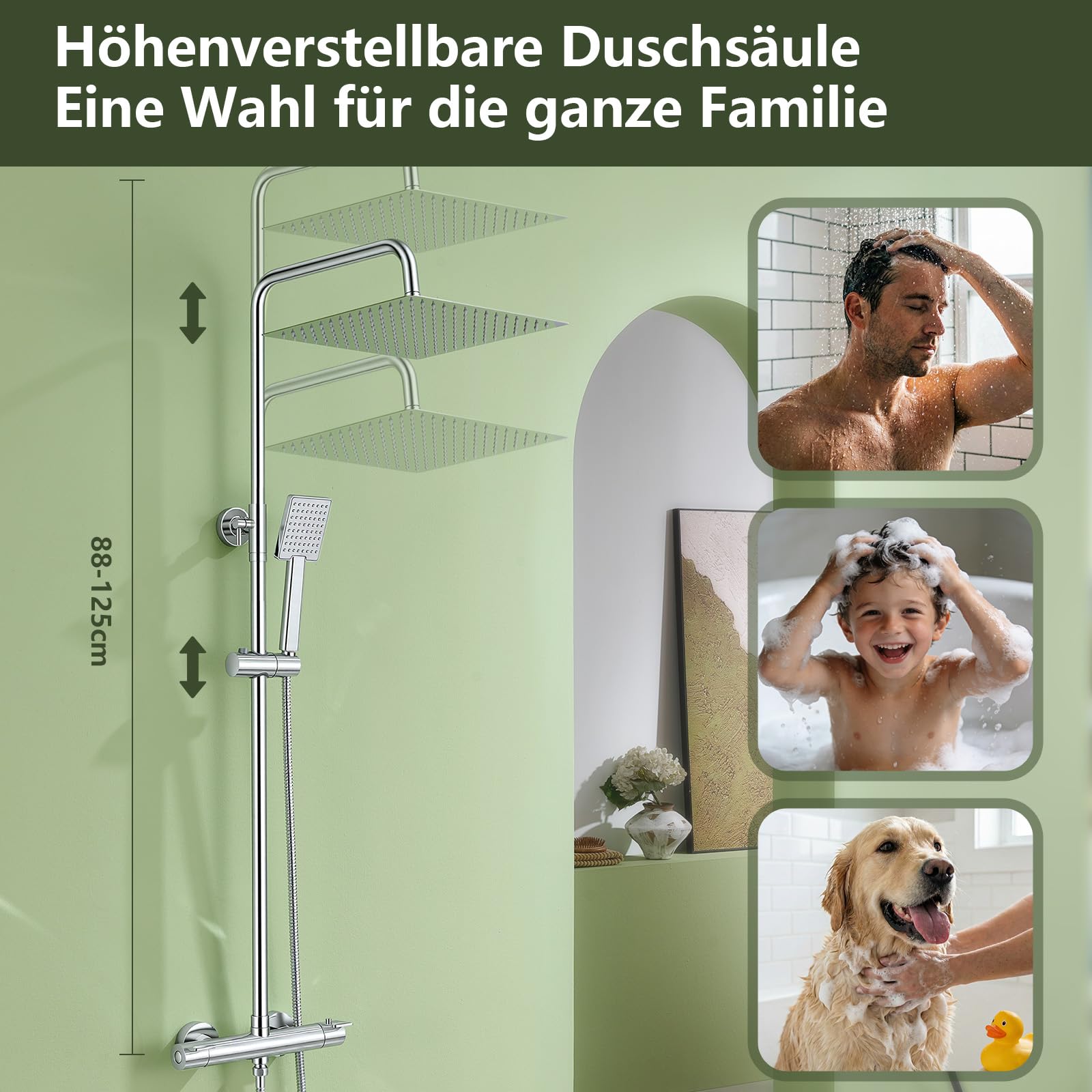 Duschsystem mit Thermostat Edelstahl Regendusche 12" Quadratische Regenbrause Handbrause eine Strahlart Duscharmatur Komplettset Höhenverstellbar mit Anti-Verbrühungsschutz Wassersparend