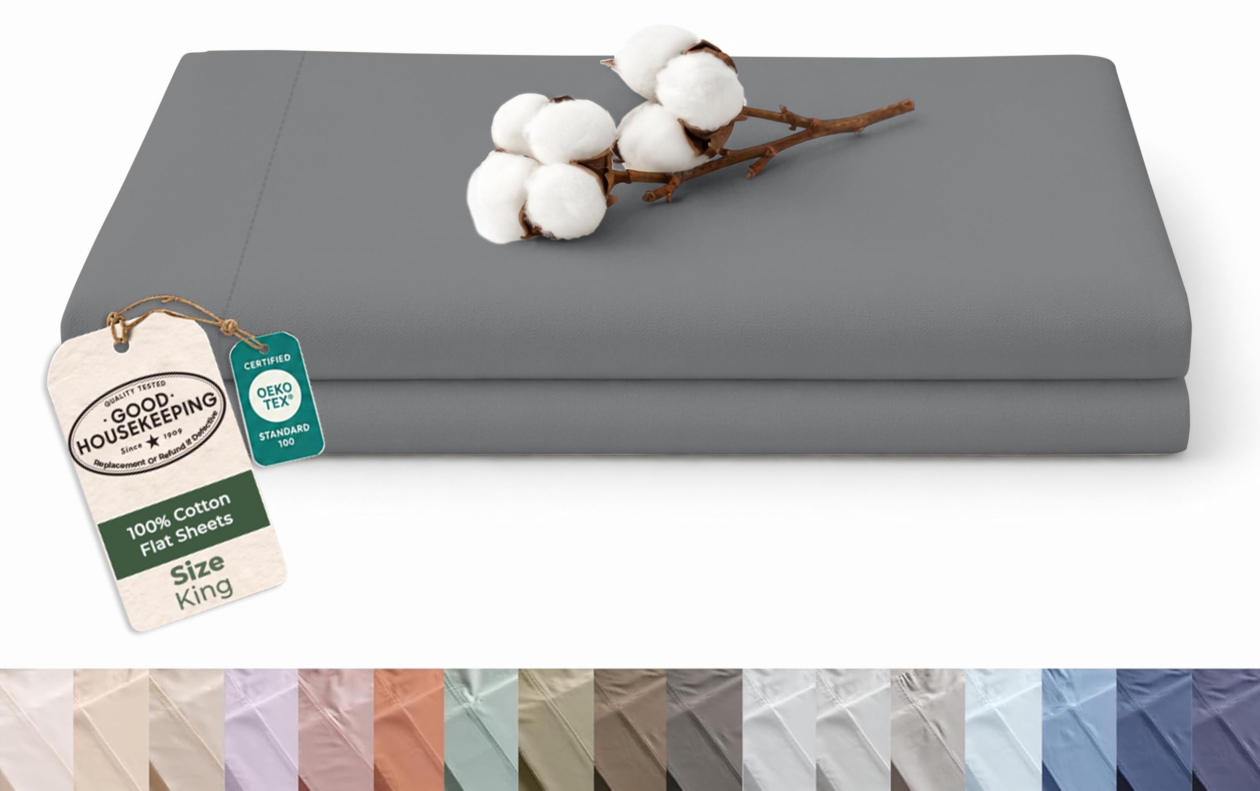Royale Linens 100% Organic Cotton King Size Flat Sheet Only - Percale Top Sheets - King Flat Sheet Sold Separately - Lightweight &amp; Super Soft 100% Cotton Grey Bed Sheets Only (105" x 102", Grey)