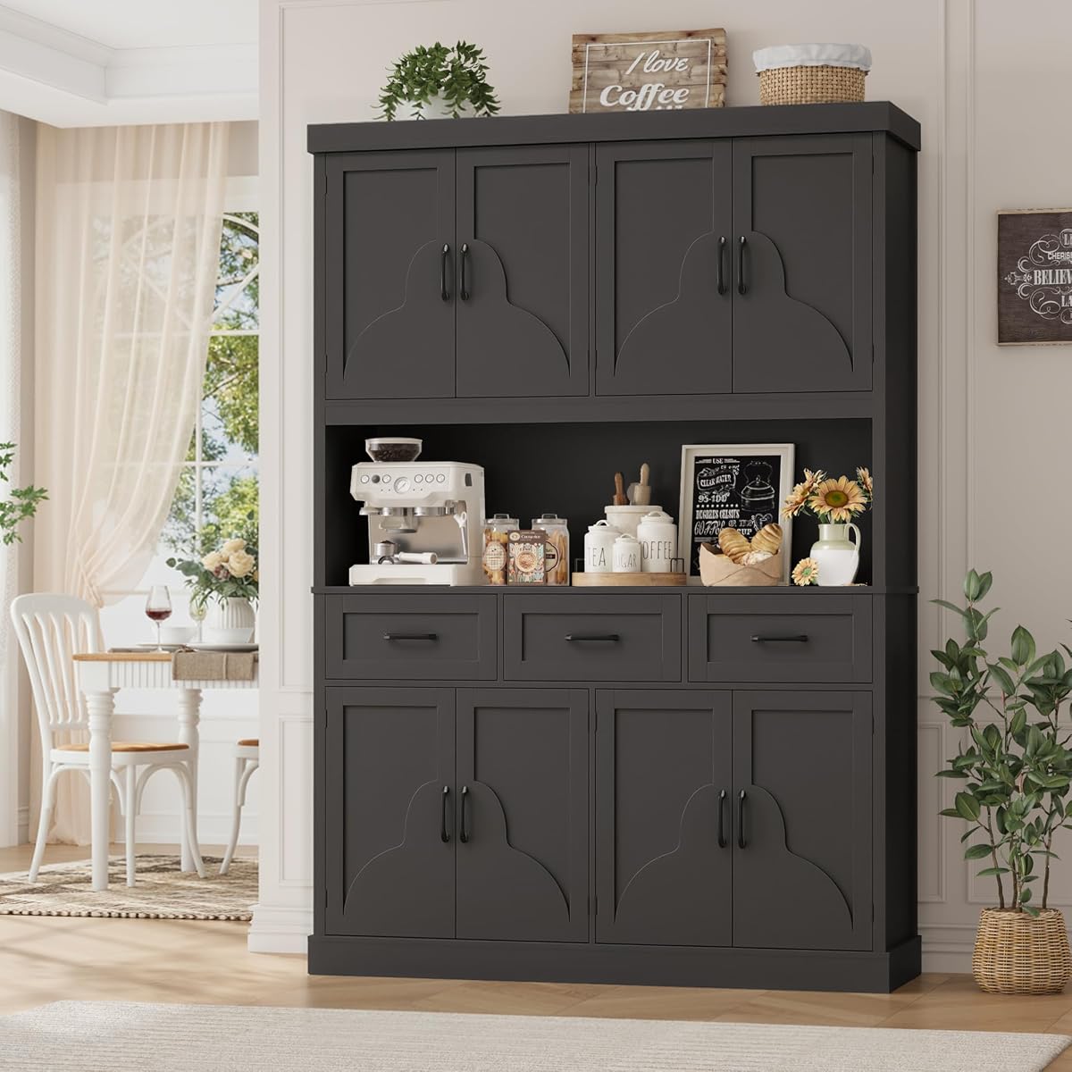 HITHOS 55“W Kitchen Pantry Cabinet, 76" Tall Hutch Storage Cabinet, Black | Large Kitchen Pantry Storage Cabinet with Countertop, Modern Kitchen Hutch, Wood Coffee Bar with Drawers for Dining Room