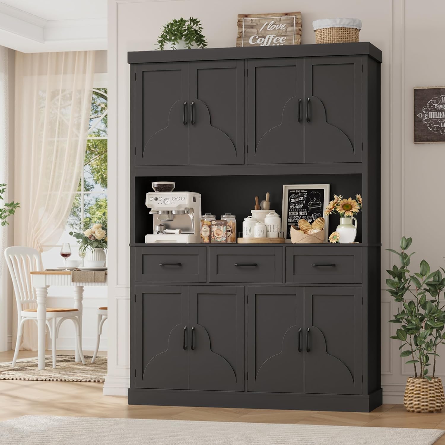 HITHOS 76" Tall Kitchen Pantry Storage Cabinet, 55“ Wide Kitchen Hutch Cabinet with Storage Drawers, Large Food Pantry with Microwave Stand, Modern Cupboard with Hutch for Dining Living Room, White