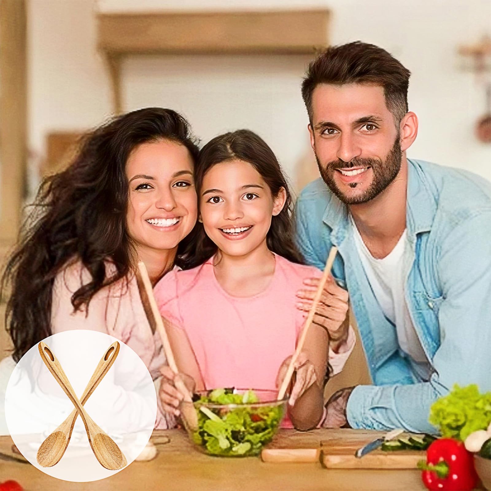 2 cucharas de madera de bambú para cocinar, cuchara de esquina de madera, espátula de bambú, con ganchos adhesivos, cuchara de cocina de madera para cocinar en casa, utensilios de cocina