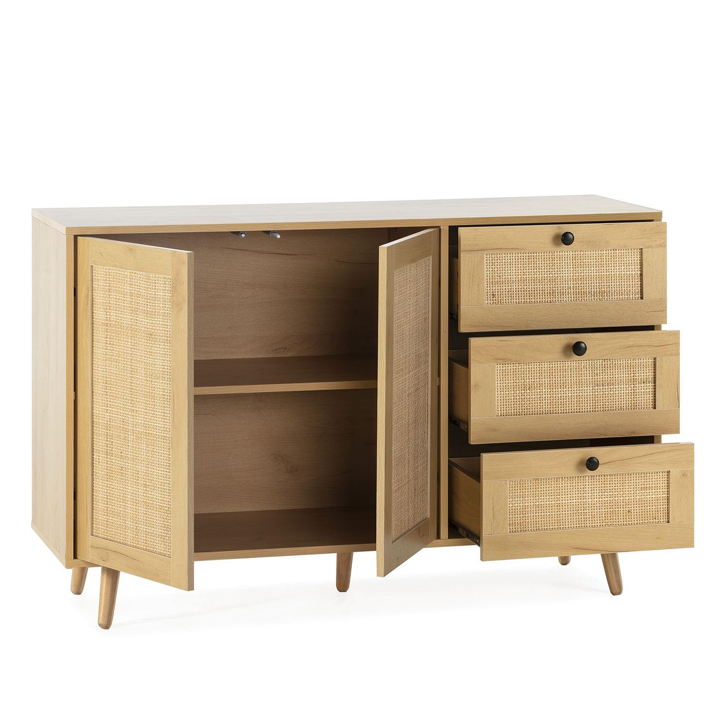 HOMN LIVING Aparador Bella 3 cajones y 2 Puertas Color Roble, guías metálicas, 120 cm (Ancho) 38 cm (Profundo) 76 cm (Altura)