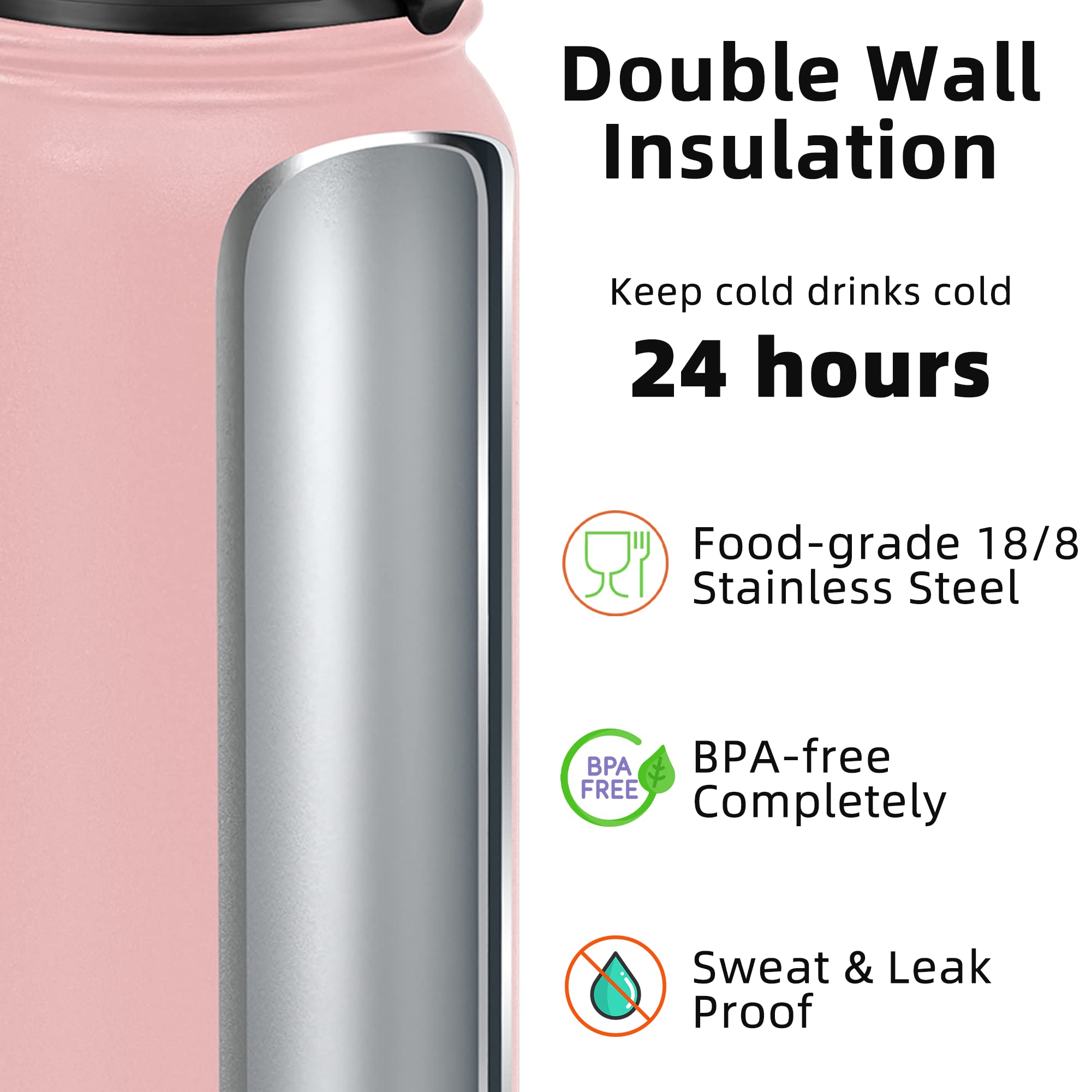 Fanhaw 1.2L Stainless Steel Insulated Sports Water Bottles with Straw for Kids Men and Women(Pink), 1183 ml - Image 3