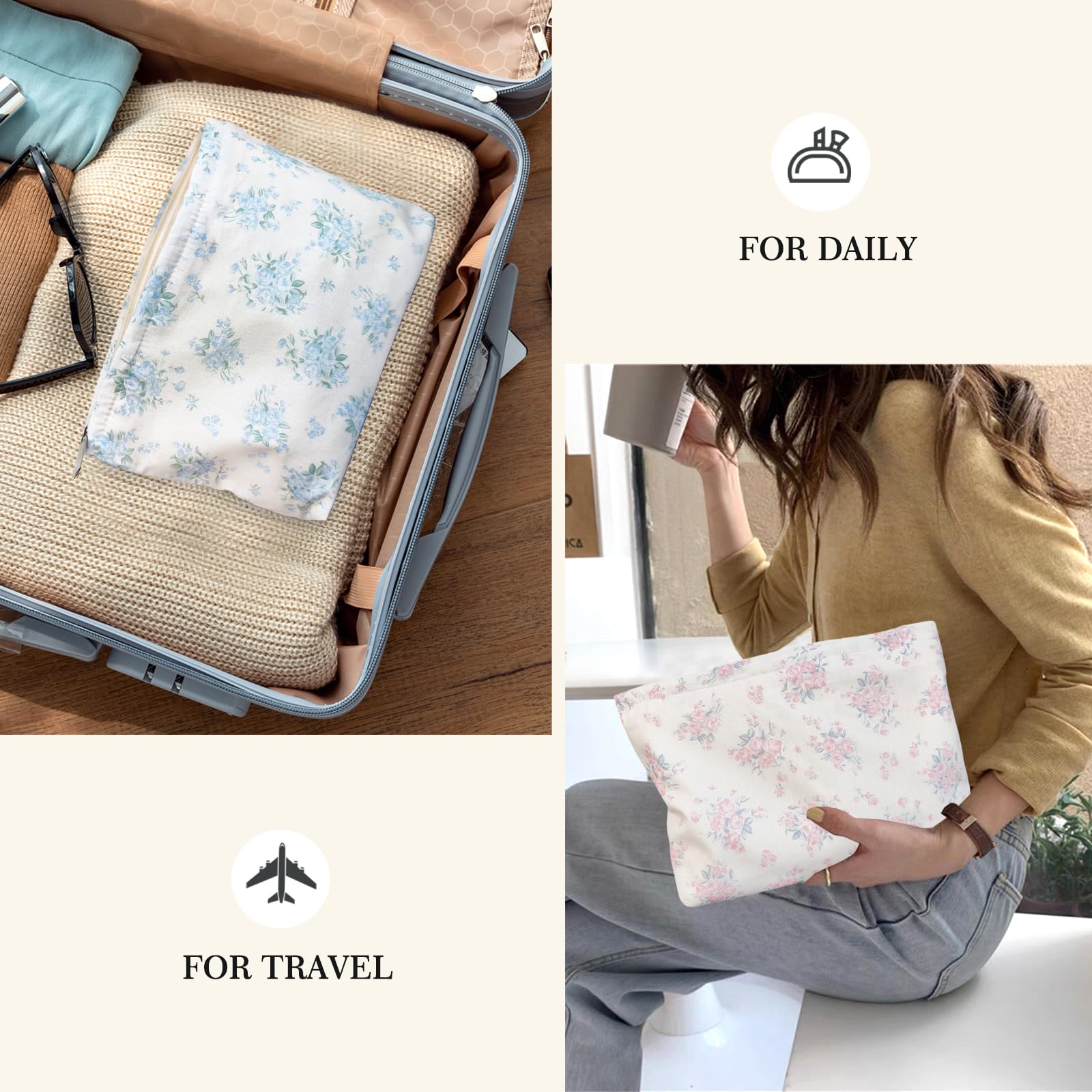 STARDW Neceser de viaje con diseño floral estético para mujeres y niñas, bolsa organizadora para el cuidado de la piel, bolsa con cremallera, Azul (Flowers Blue), Bolsas de maquillaje estéticas de