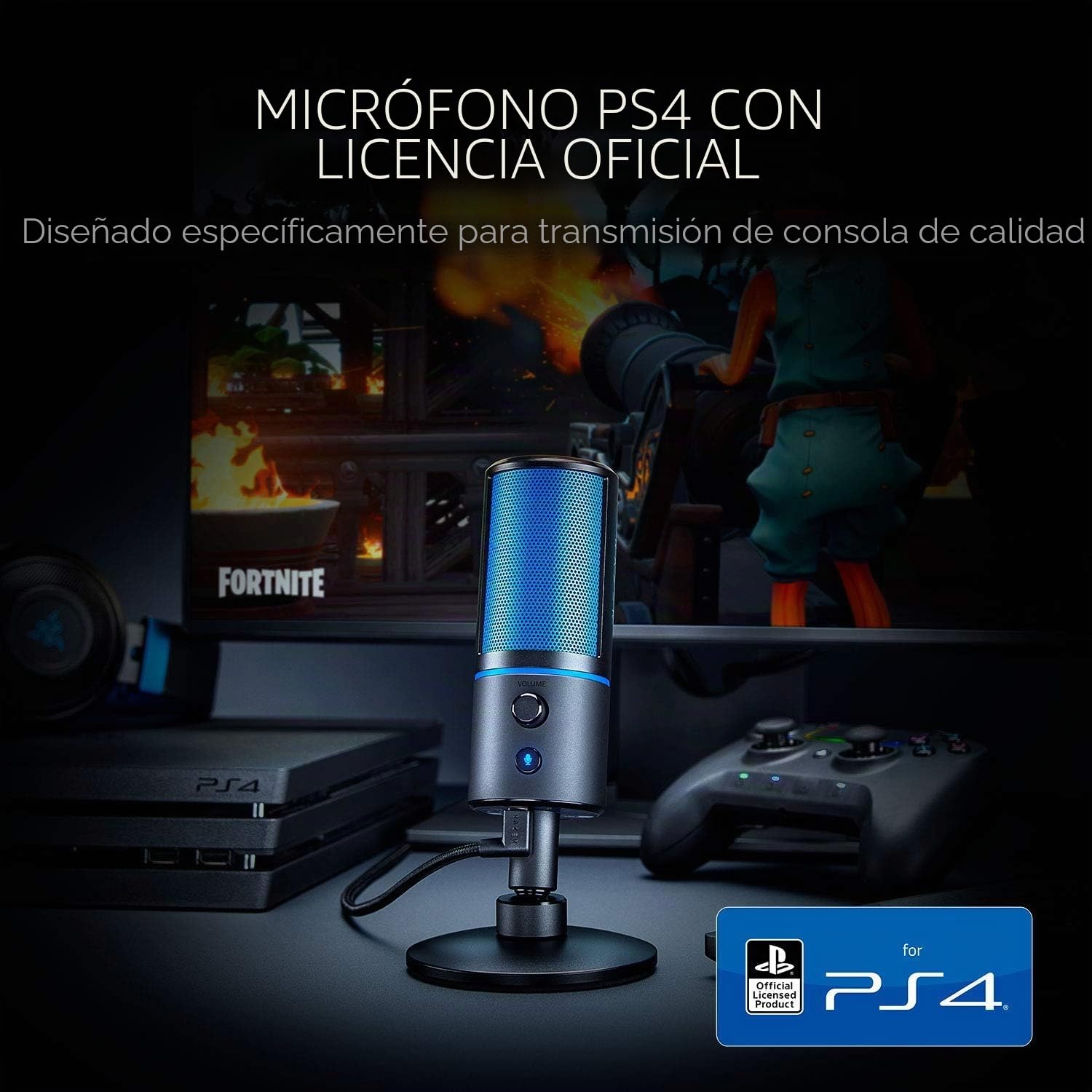 Razer Seiren X para PlayStation - Micrófono de condensador USB para transmisión en PS4 y PS5 (compacto con amortiguador, patrón de grabación supercardioide, botón de silencio) Negro-Azul