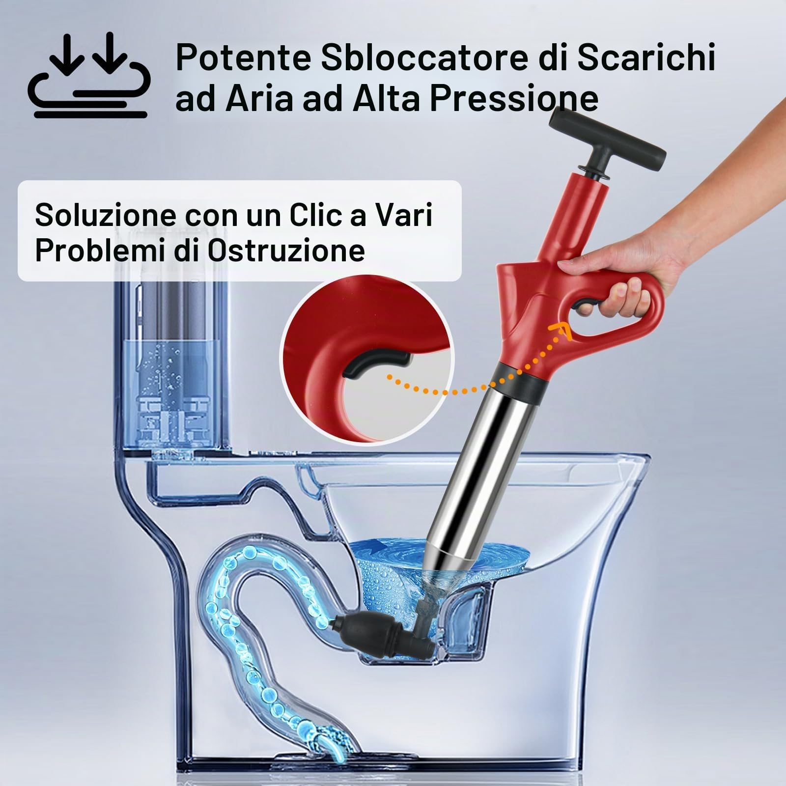 Pompa Stura Scarichi a Pressione, Sturatubi Aria Compressa con Barometro, Sturalavandini a Pressione con Quattro Diverse Ventose per Bagni Servizi Igienici Lavabi