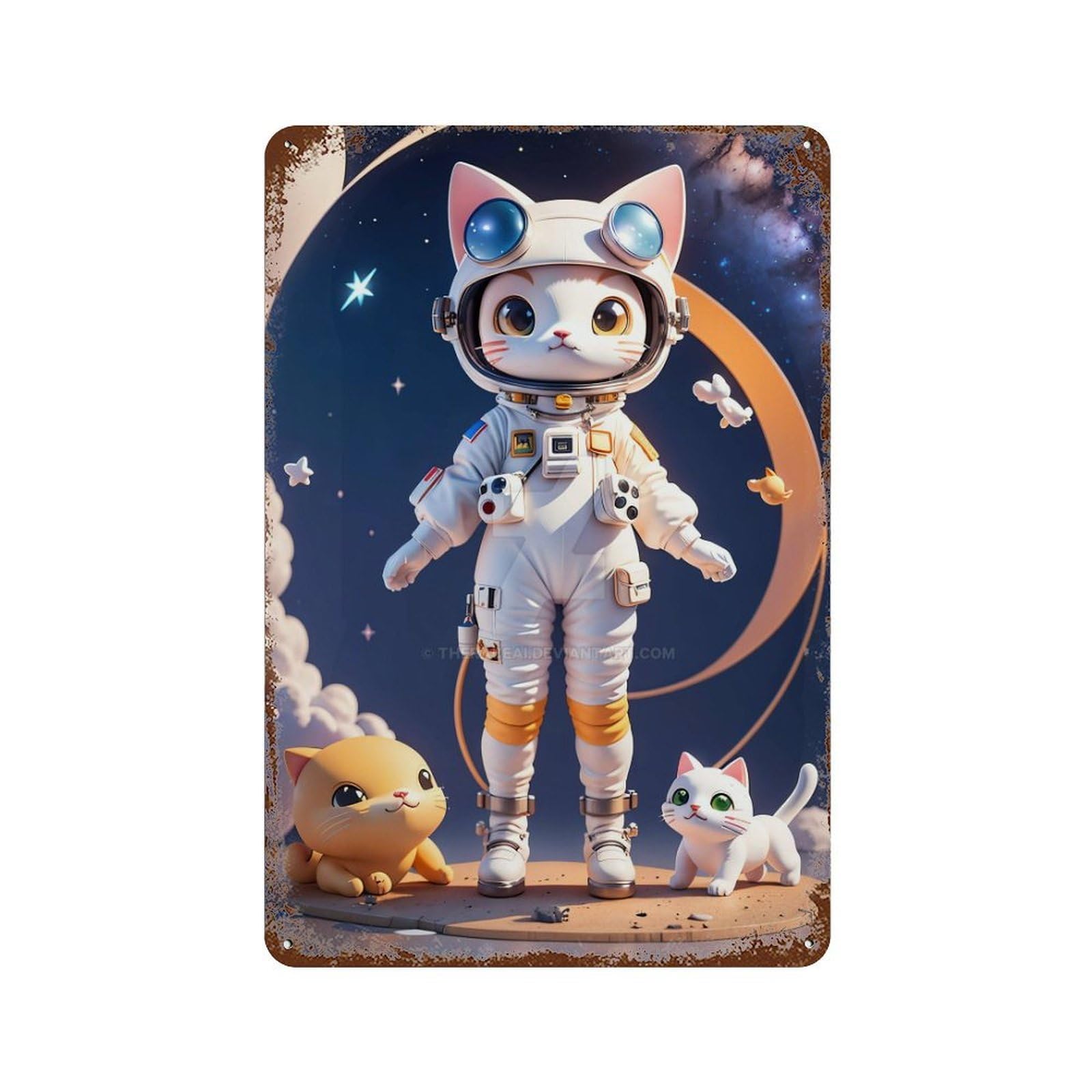 Rust Effect Astronaut Cat in Space Rusty Metal Tin Sign 11.8"x7.9", Farmhouse Wall Decor for Cafe, Home Bar And Lounge Decor
