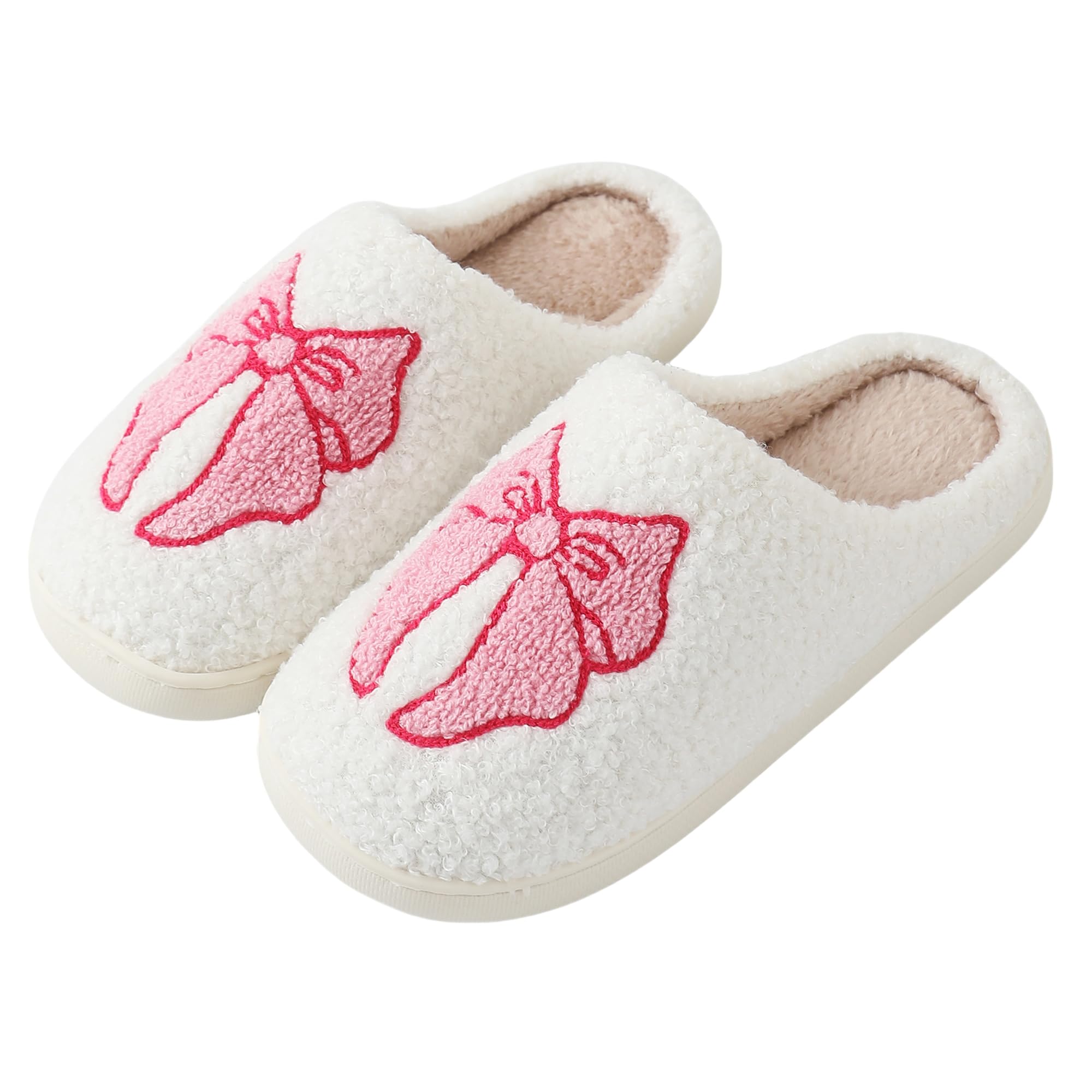 QBRIUQZP Bow Slippers for Women & Men - Floral Memory Foam Plush Slippers, Cute Cartoon Design, Warm Fluffy Fur Lined, Indoor Outdoor House Home