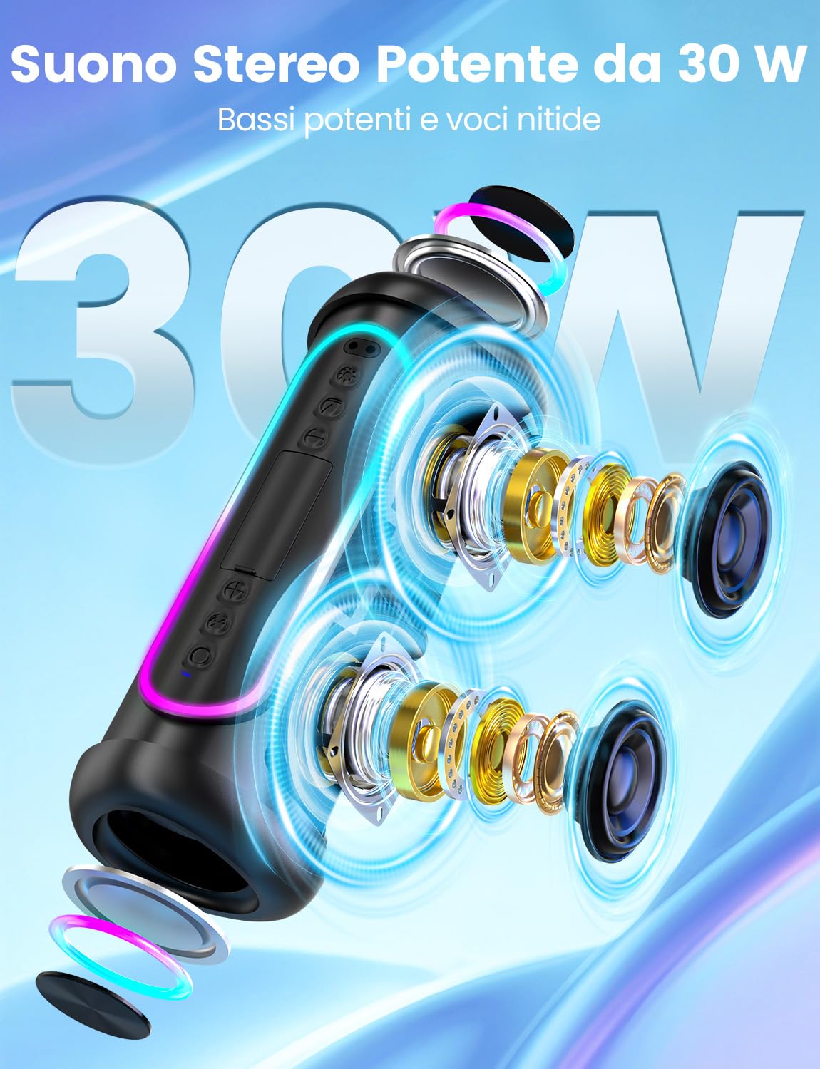 UOHHBOE Cassa Bluetooth Portatile 30W Potente Altoparlante Bluetooth 5.4 Accoppiamento TWS 30 ore Impermeabile IPX5 con Luci LED Colorate Ritmiche per Chiavetta USB AUX e TF per Esterno Festa