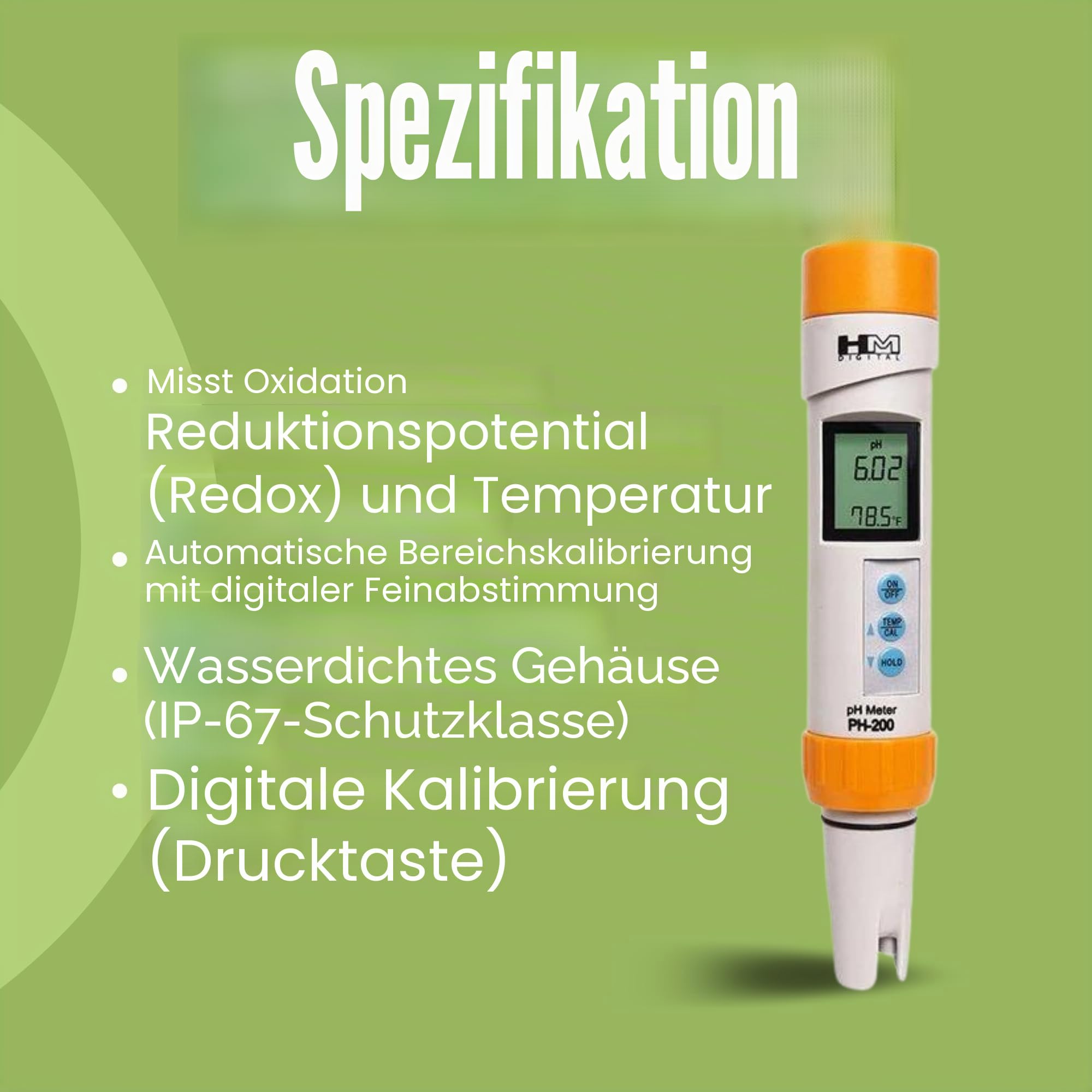 HMD ph-200 Digital Professional Wasserdicht 0–14 pH & Temperatur Meter