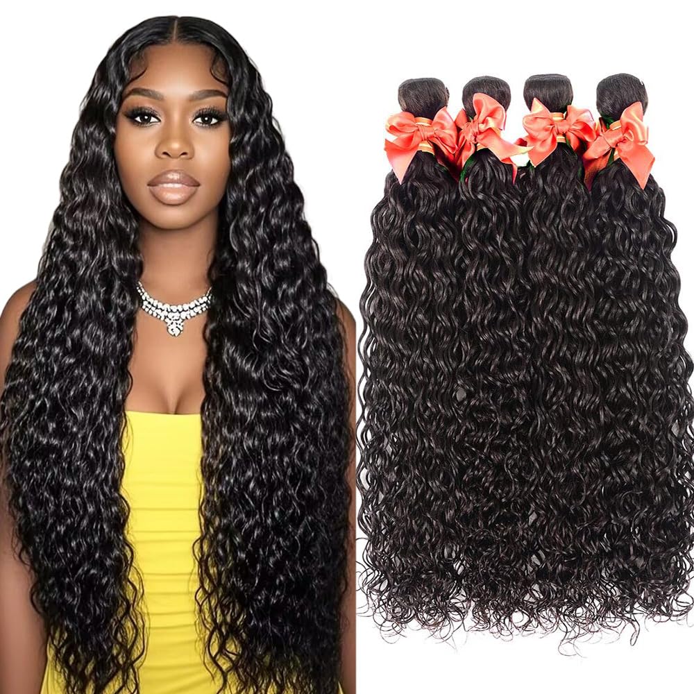Alimog Brazilian Virgin Hair Water Wave Bundles 100% Unprocessed Wet and Wavy Weave 4 Bundles Curly Wave Human Hair Extensions Natural Black (16 18 20