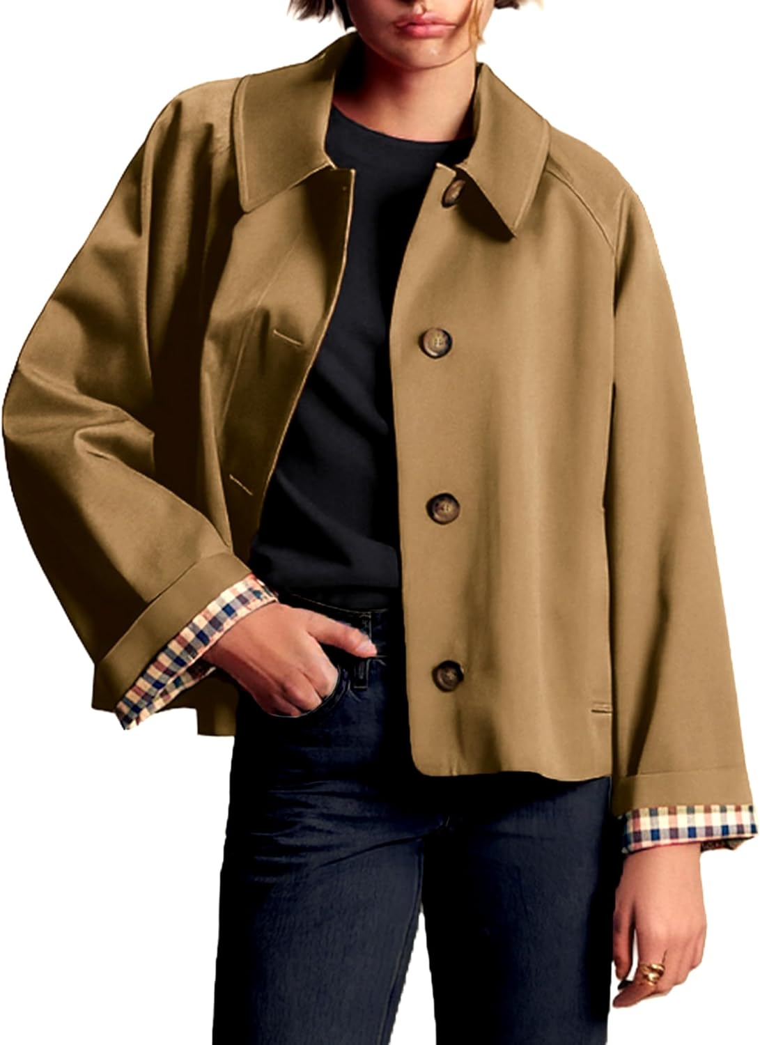 ELLEVEN Womens Oversize Trench Coat, Plaid Lining Single Breasted Fall Crop Jackets with Pockets Fashion Outerwear