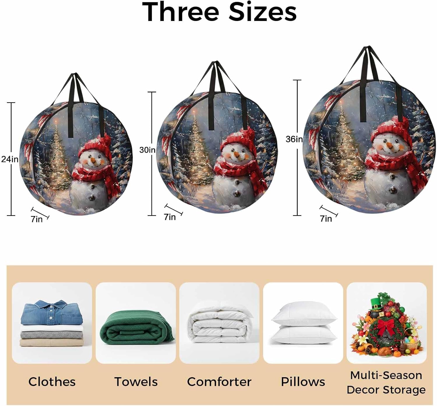 Christmas Cute Round Storage Bag 36 Inch, Red Scarf Snowman Clothes Storage Container with Handles Heavy Duty Organizer for Comforter, Bedding & Holiday Wreaths
