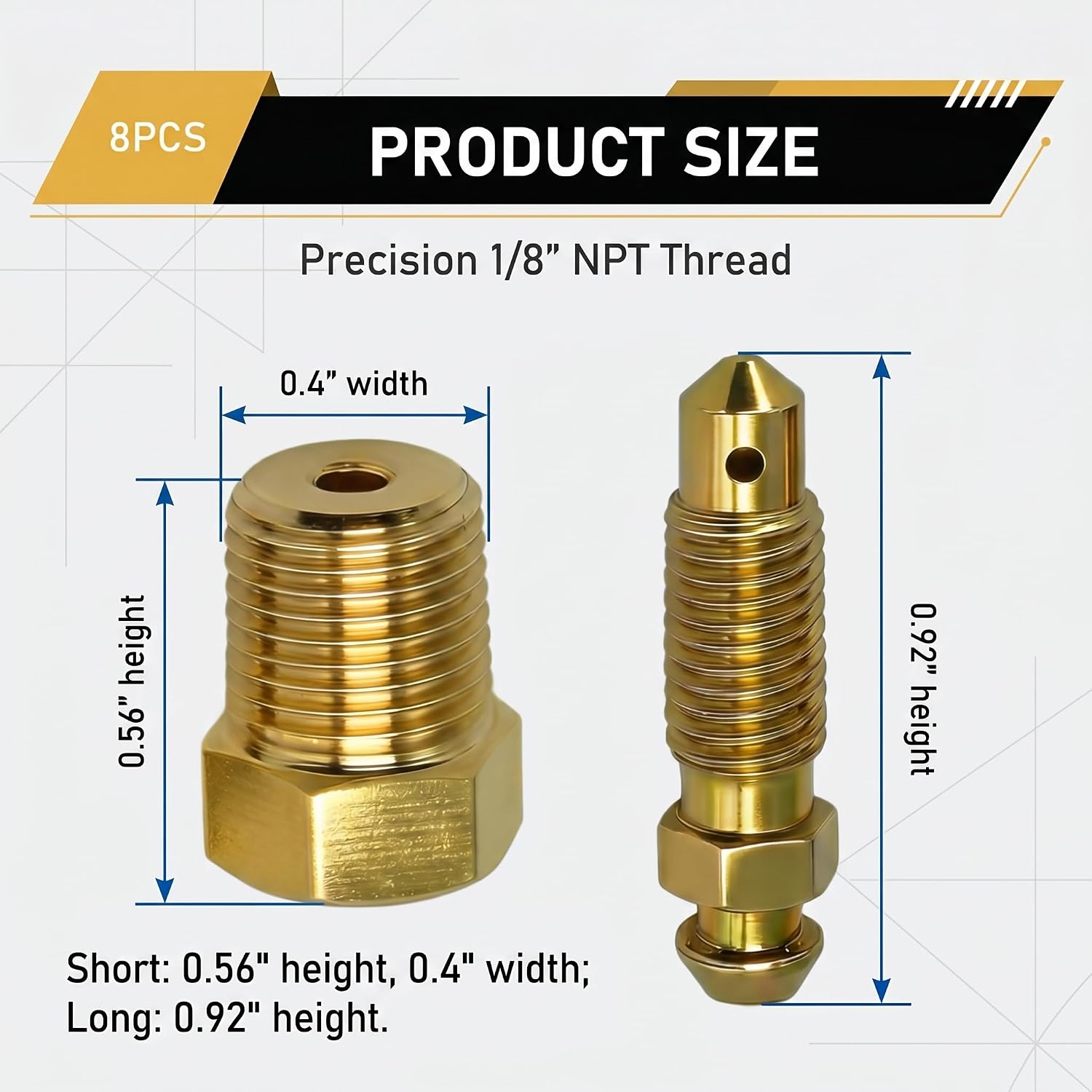 8 PCS Car Bleeder Screws, 1/8" NPT Brass Bleeder Screw Valve, High-hardness Rust-resistant Straight Tube Hydraulic Connector, Universal Replacement for Most Car Brake Systems (Gold)