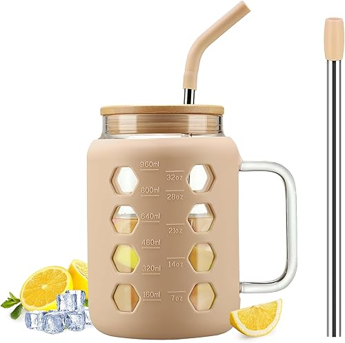 MUKOKO Vaso de vidrio de 32 onzas con tapa de bambú y pajilla, botellas de agua de vidrio con marcador de tiempo, taza de café helado con asa, dos disponible en Yaxa Peru