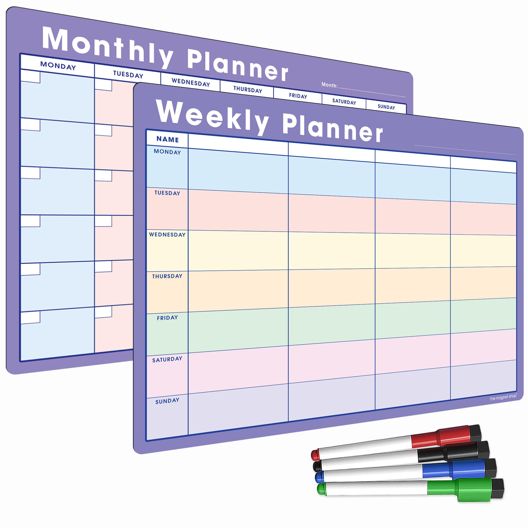 TMS A3 Monthly Planner Whiteboard | Magnetic Fridge Calendar for Meal Prep, Work or Family Planning | Made in the UK (A3 + A3, Purple & Pastel Combo)