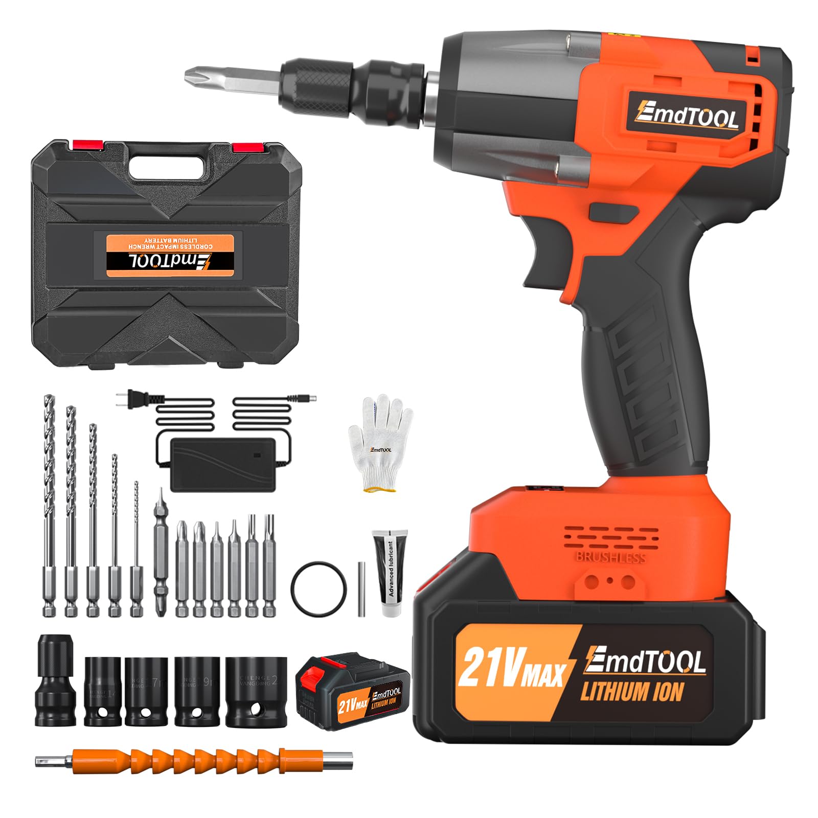 21V Cordless Impact Wrench Car Repair Wheel Nut Gun Electric 420 N.M High Torque Impact Wrench Power Wrench Electric Cordless Driver with 4 Sockets + 12 Driver Bits+ 6.0AH Battery (Orange, 1x Battery)