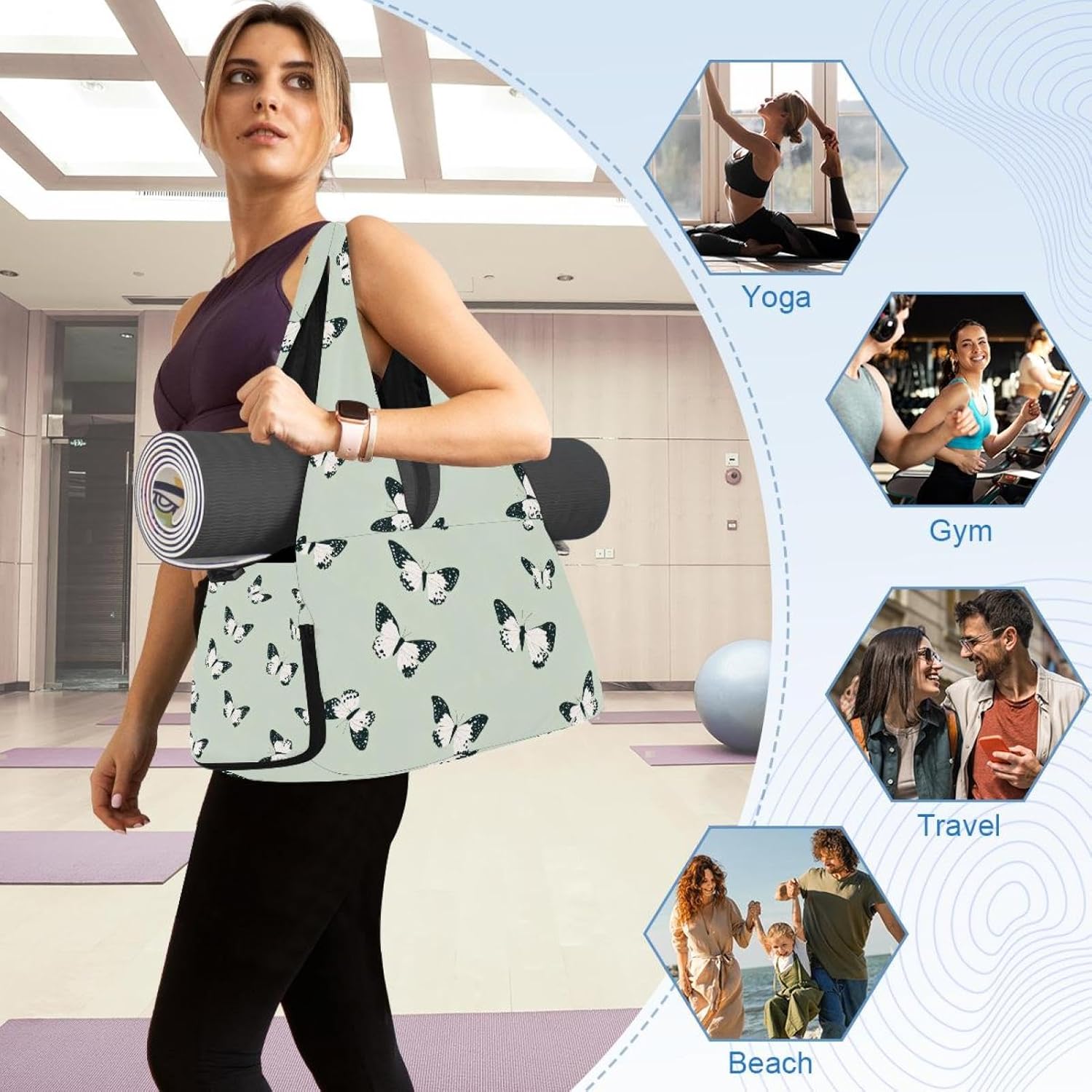 Yoga Mat Bag, Gym Workout Bag with Shoe Compartment, Rabbit Eggs Teal Wooden Pilates Bag for Women, Quick Access Storage Yoga Tote Bag for Sports Travel Office