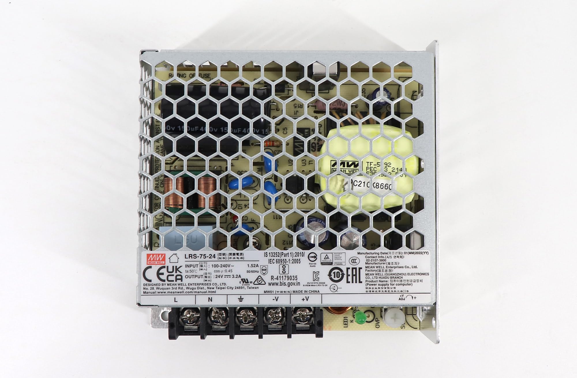 Eurekaled Meanwell Netzteil 75W 24V, Modell LRS-75-24 Switching, Konstantspannung, nicht wasserdicht IP20, AC Trafo 220 V bis DC 24 V, kompatibel mit Strip LED, Artikelnummer: 0175