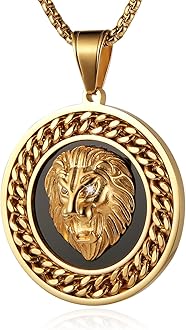 18K Gold Plated Lion Head Necklace for Men Stainless Steel Hip Hop Lion King Round Medal Necklace Jewelry Gift
