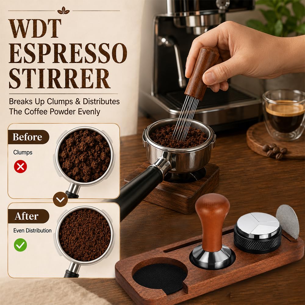NAVESO Set di accessori per espresso, portafiltro da 51 mm, set 7, set | Set per caffè espresso con pressino per caffè, strumento WDT, stazione di pressatura, anello dosatore, schermo Puck