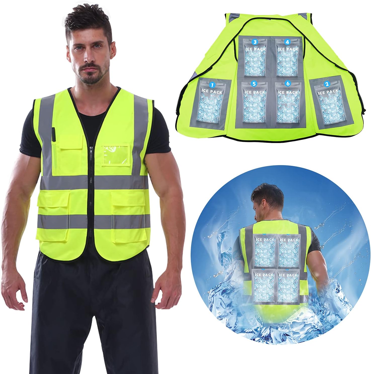 NJDGF Cooling Safety Vest with 6 Ice Packs Reflective Vest with Pockets high visibility vest for Men Women