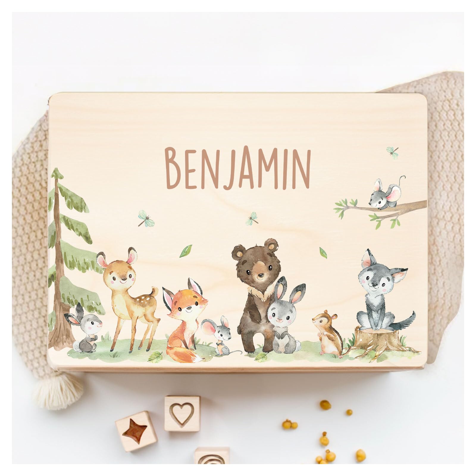 Little Deco Personalisierte Erinnerungsbox Baby Holzkiste | L - 40 x 30 x 22 cm | Waldtiere Geschenk Geburt Taufe Geburtstagsgeschenk Erinnerungskiste für Mädchen & Jungen XHL1003-02