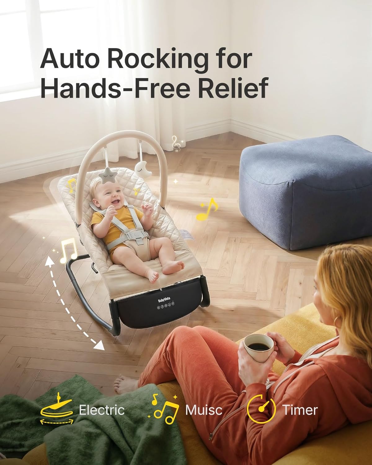 Electric Baby Bouncer Seat with Auto Rocking, 3-in-1 Infant Bouncer & Rocker Chair, Adjustable Height, Battery or Plug-in Powered, Music & Play Bar, Portable Baby Bouncer for Babies 0-12 Months