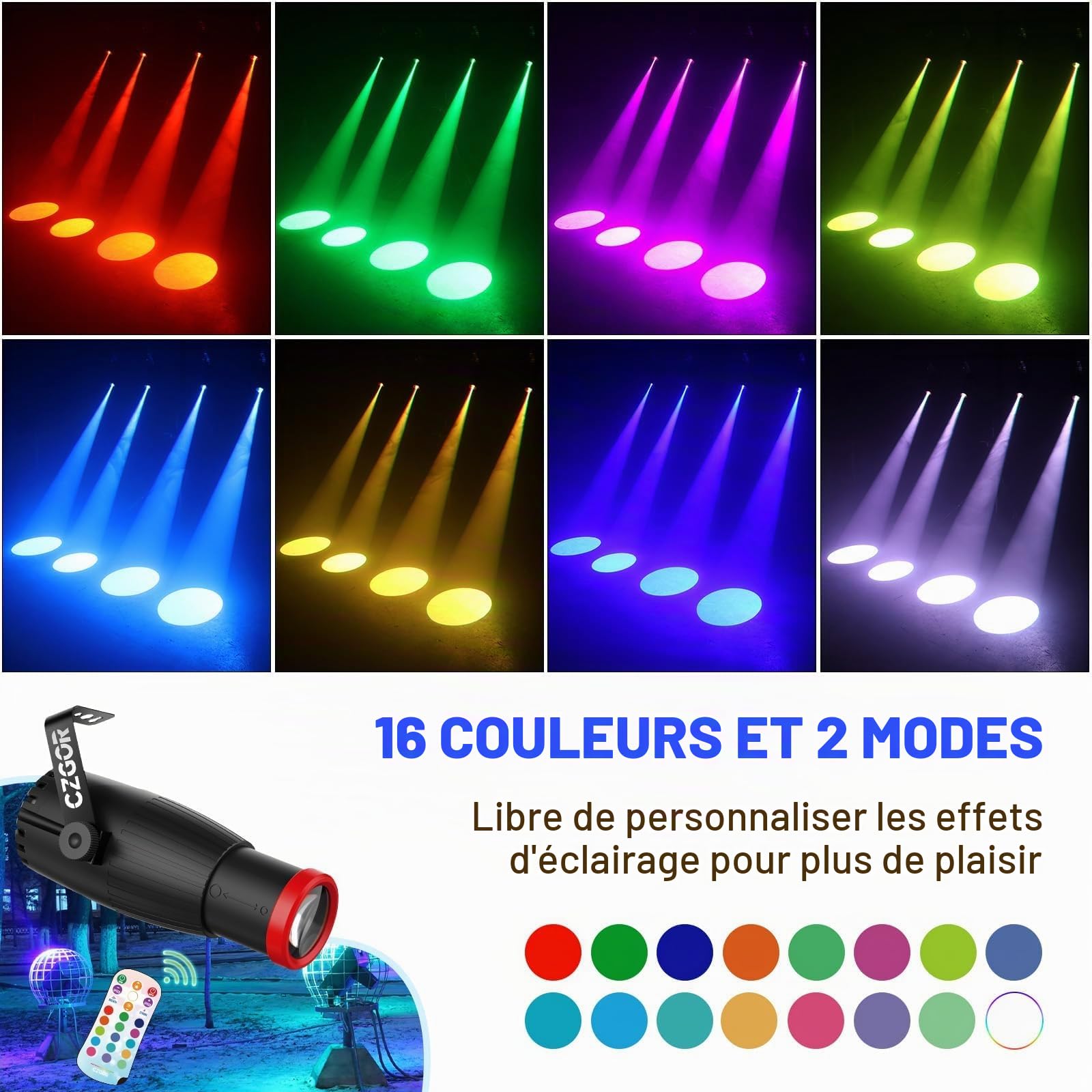 Pinspot Lumière, Czgor 18W Projecteur à Focale Manuelle pour Boule Disco | RGBW 4 en 1 LED, 16 Couleurs avec Télécommande, Éclairage de Scène pour Miroir, DJ, Disco, Party, Club, Bar, Mariage