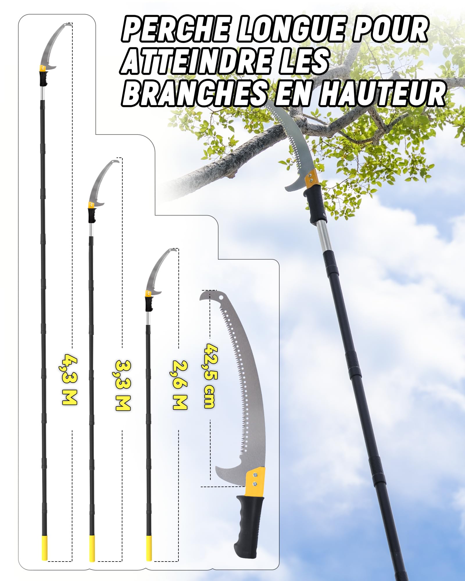 Scie à branches sur perche 4,3 m, scie d’élagage manuelle légère avec manche rallonge en acier inoxydable et lame tranchante, pour couper les branches d’arbres, travaux forestiers, jardin et extérieur