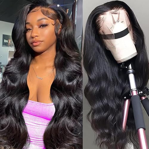 Veally Lace Front Wig Pre Plucked Ready to Wear 13x4 HD Glueless Body Wave Lace Front Wig for Women Natural Looking Synthetic Heat Resistant Fiber Wavy Lace Wig Natural Black
